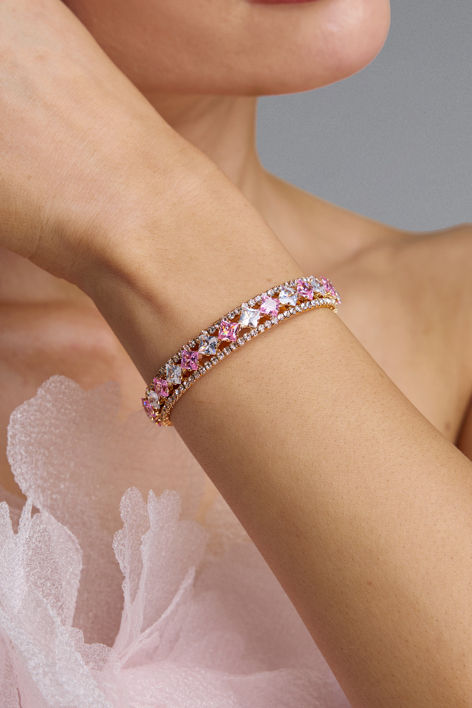 Villy Double Layer Square Pink Zircon Hollow Gold Bracelet