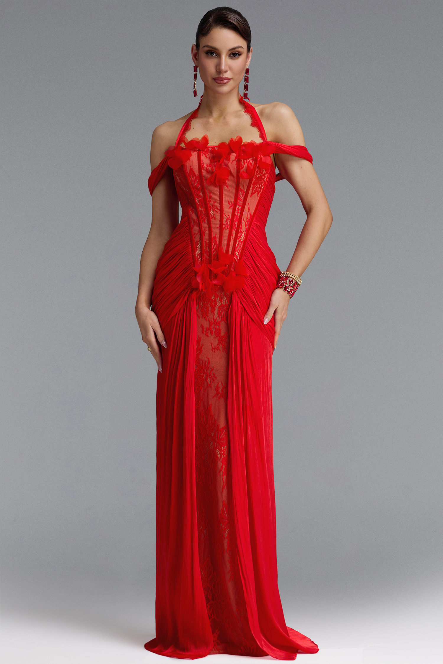 Fredrika Sexy Halter Off Shoulder Ruffle Lace Maxi Dress