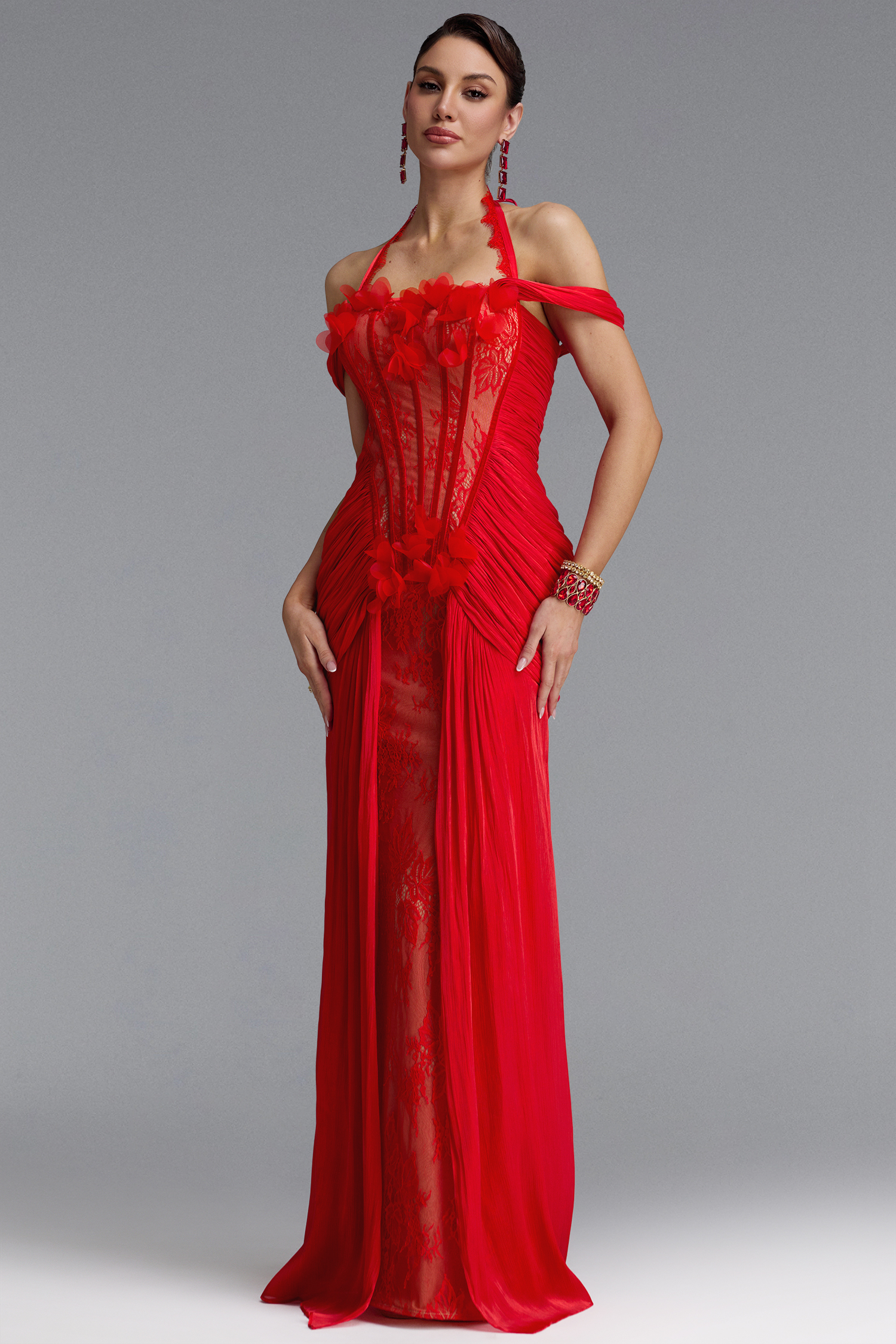 Fredrika Sexy Halter Off Shoulder Ruffle Lace Maxi Dress