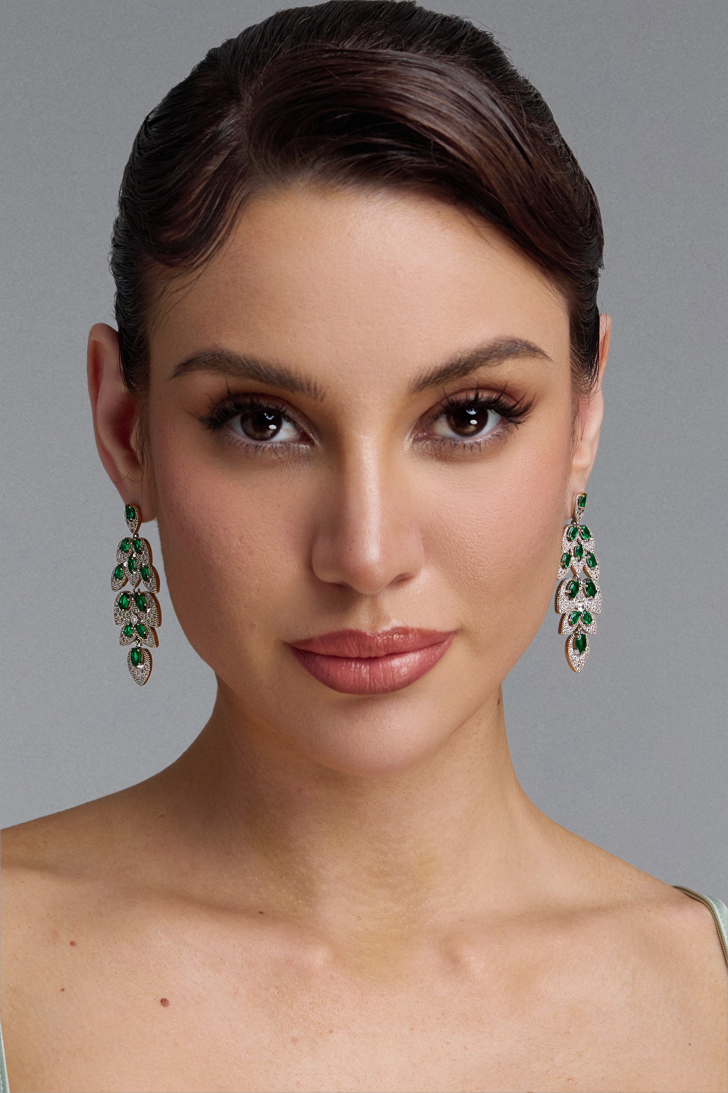 Tove Multi Layer Leaf Emerald Full Zircon Earrings