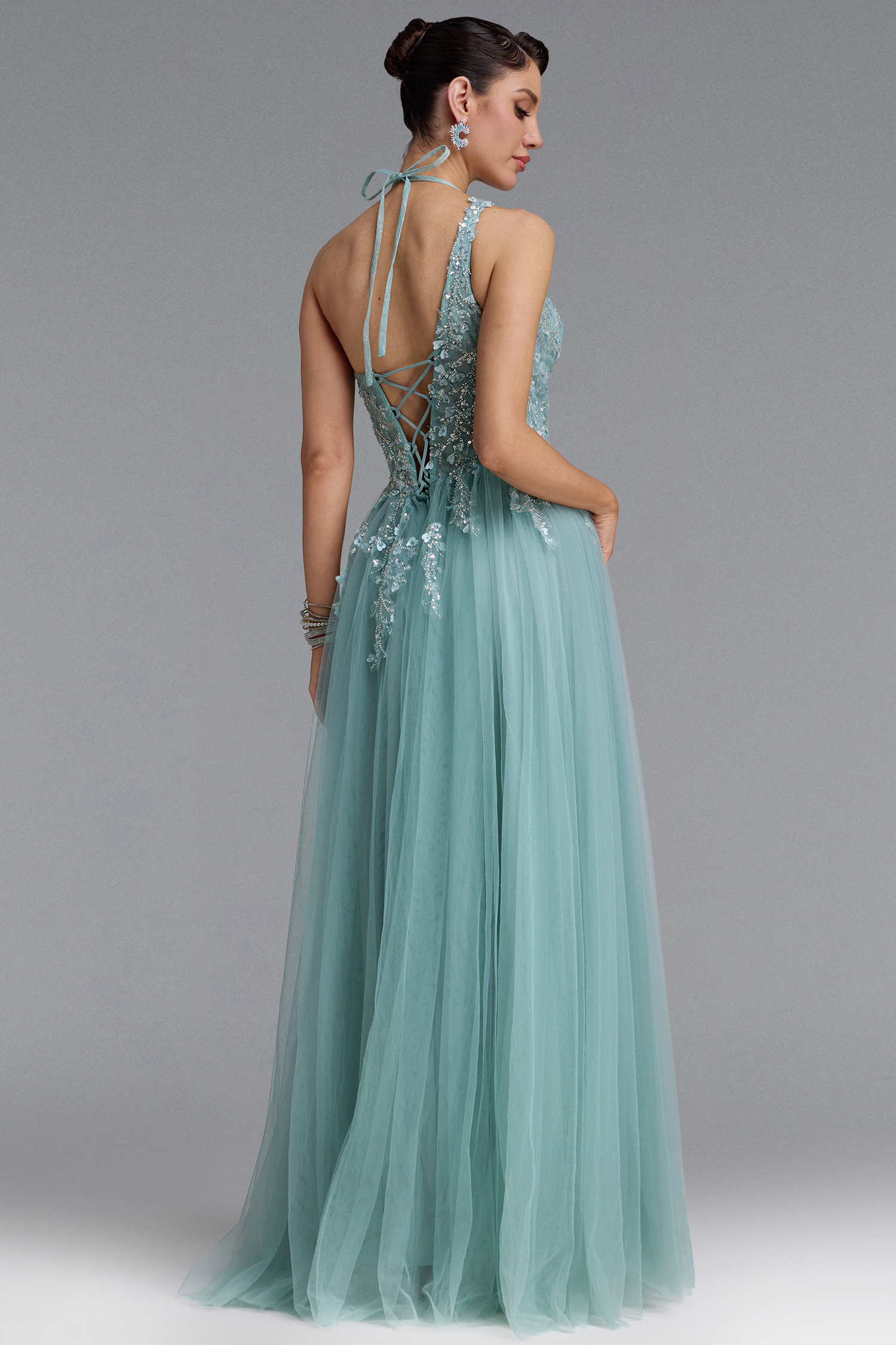 Elana Sexy Halter Cross Cut Out Floral Beaded Tulle Maxi Dress