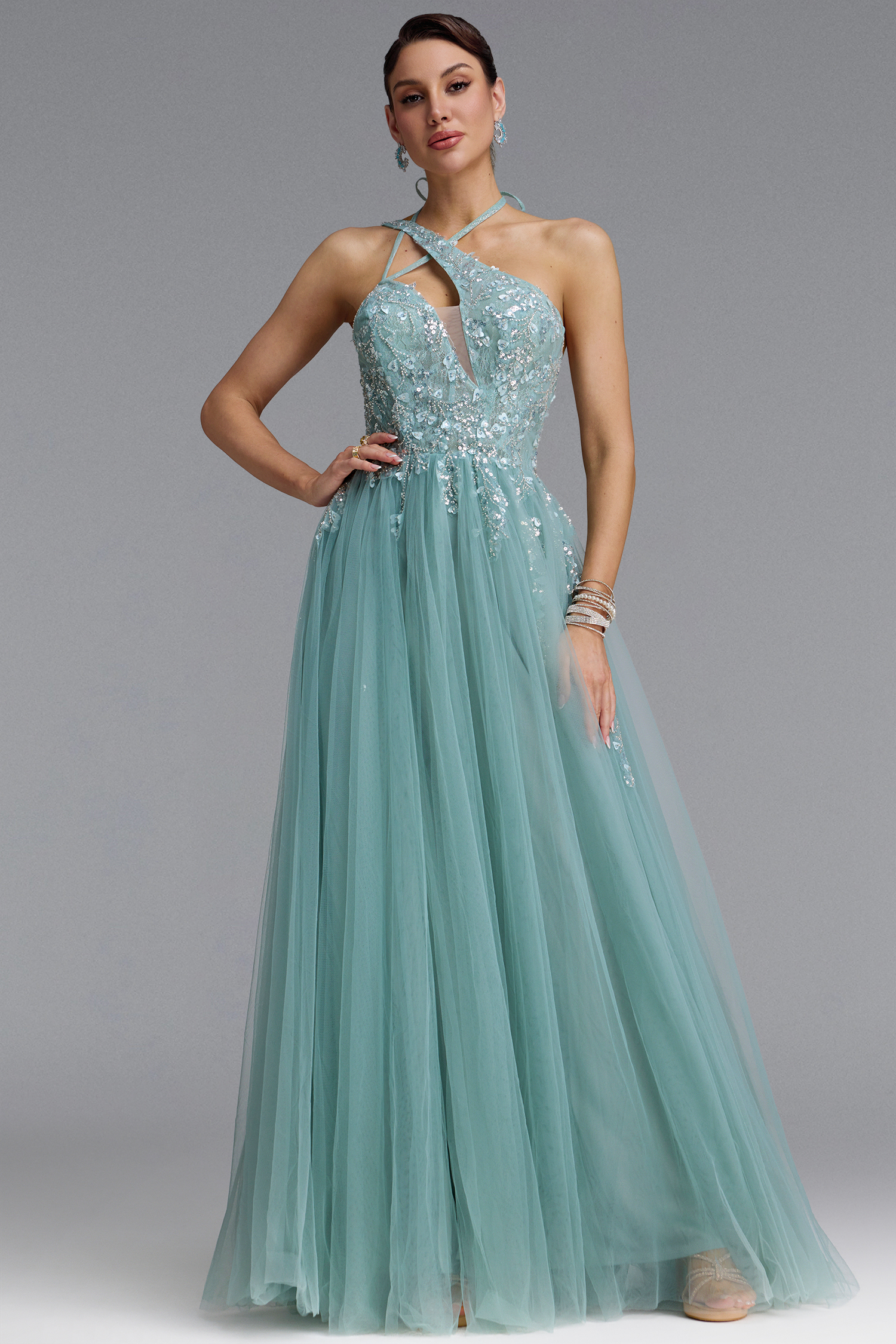 Elana Sexy Halter Cross Cut Out Floral Beaded Tulle Maxi Dress