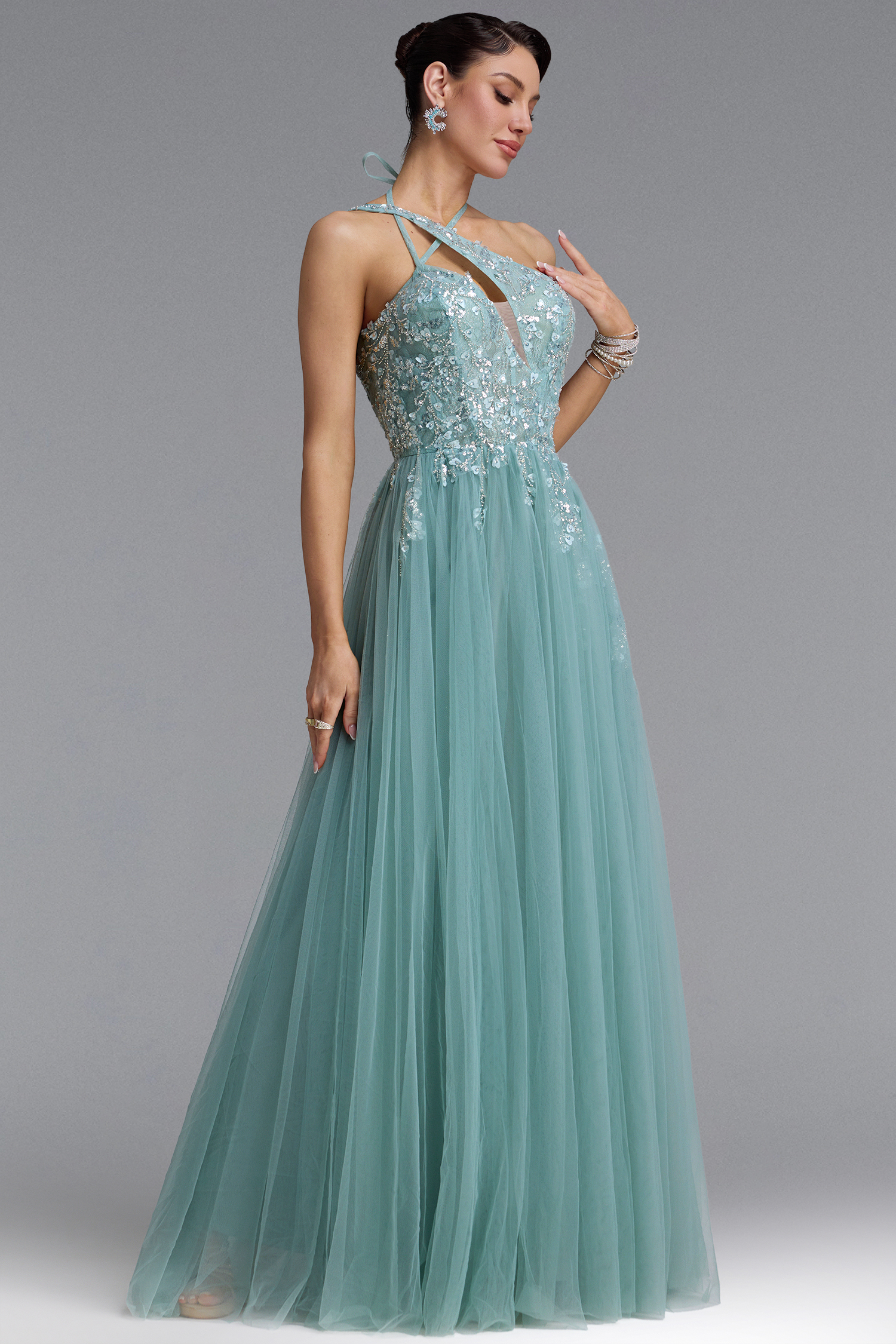 Elana Sexy Halter Cross Cut Out Floral Beaded Tulle Maxi Dress