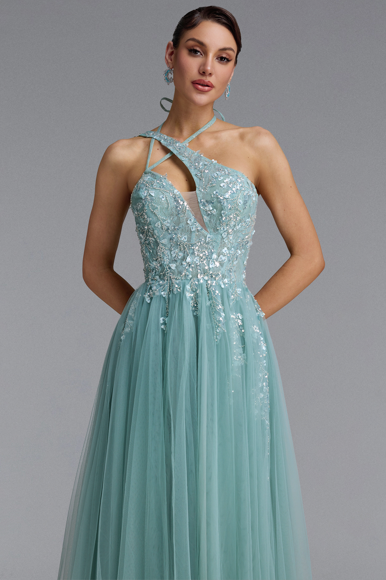 Elana Sexy Halter Cross Cut Out Floral Beaded Tulle Maxi Dress