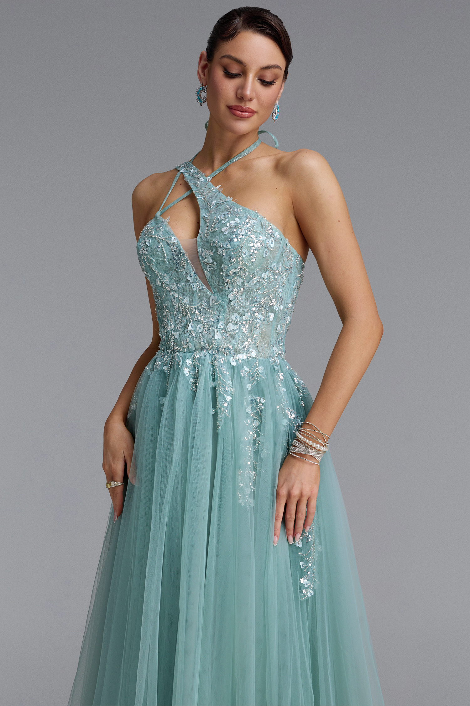 Elana Sexy Halter Cross Cut Out Floral Beaded Tulle Maxi Dress