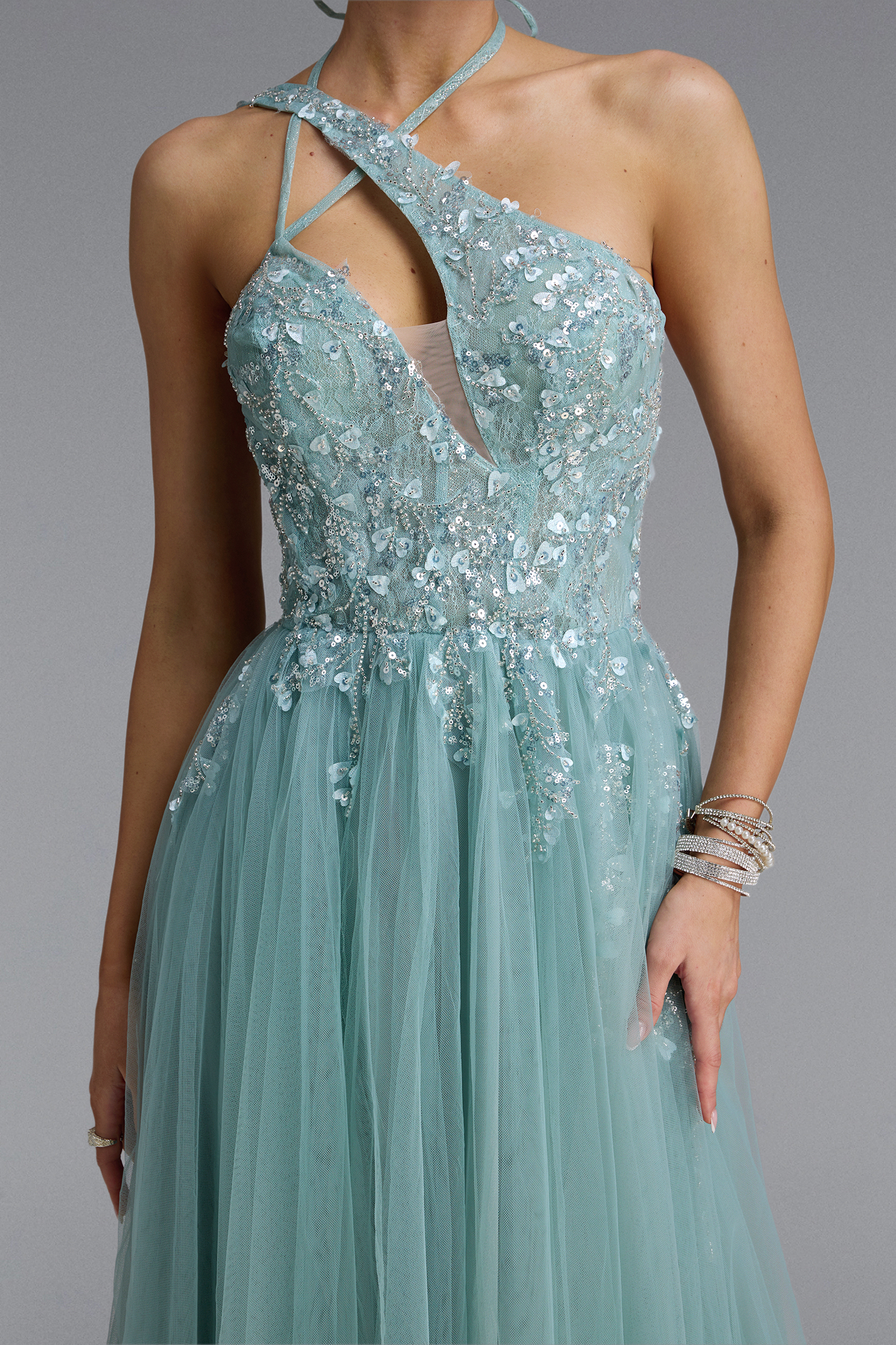 Elana Sexy Halter Cross Cut Out Floral Beaded Tulle Maxi Dress