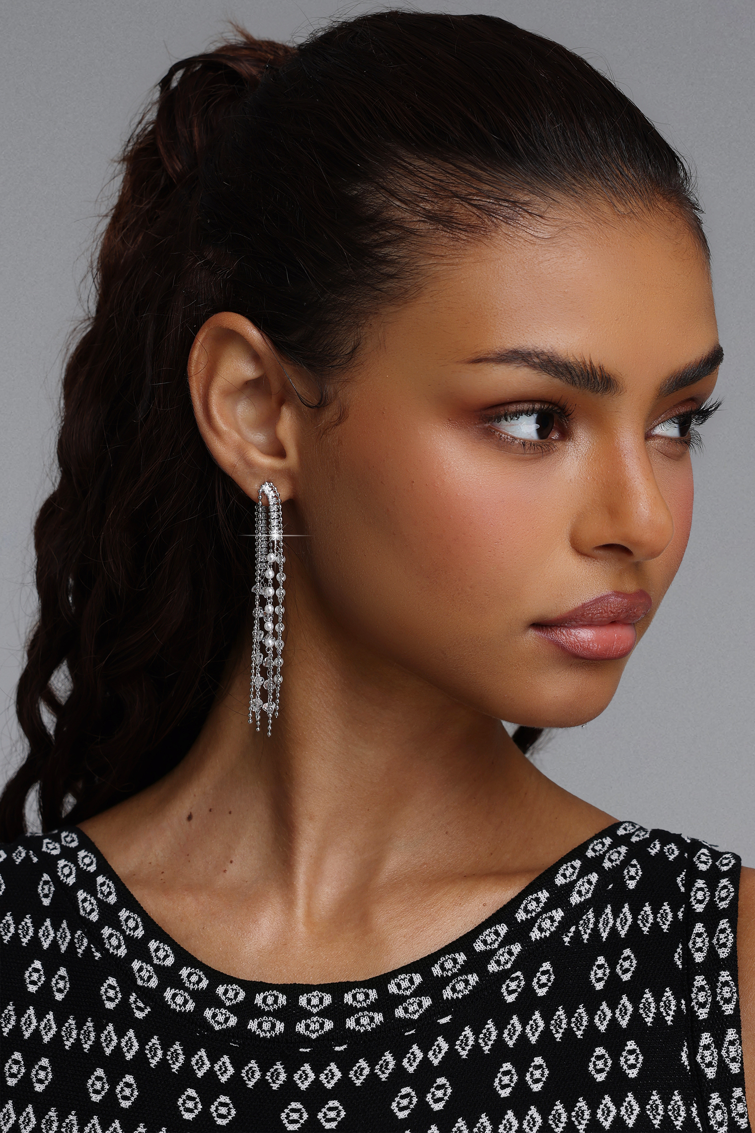 Sorel Double Row Rhinestone Chain Pearl Tassel Earrings