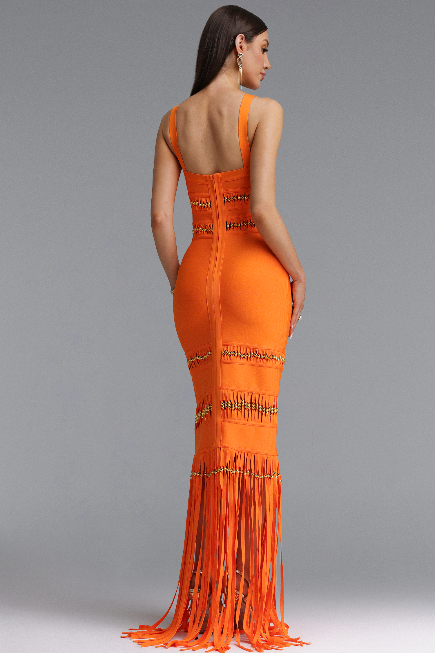 Shanley Chic Contour Sleeveless Beaded Fringe Orange Bandage Maxi Dress