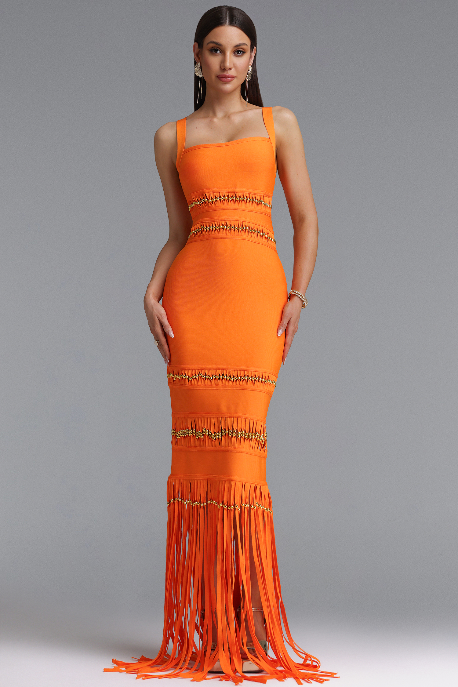 Shanley Chic Contour Sleeveless Beaded Fringe Orange Bandage Maxi Dress