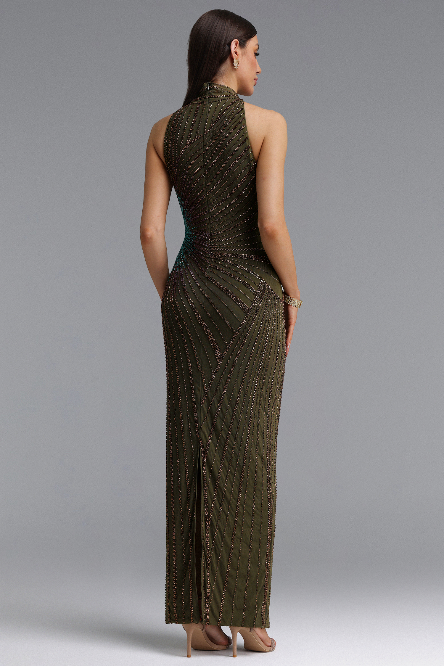 Lisbon Elegant Contour High Neck Beaded Embroidery Woven Maxi Dress
