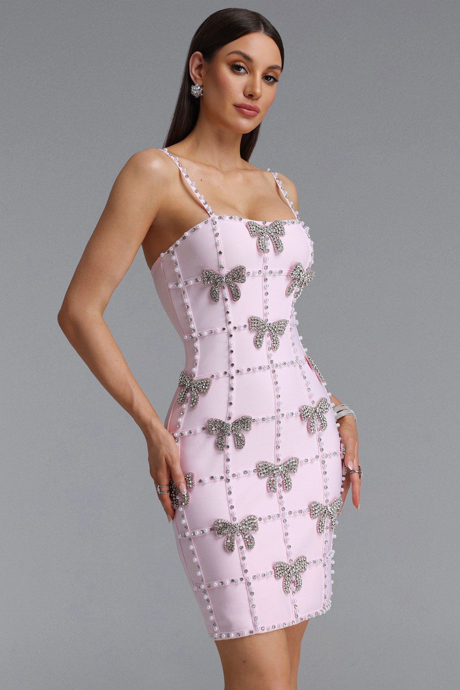 Zem Glamorous Contour Sleeveless Bow Rhinestone Pink Bandage Mini Dress