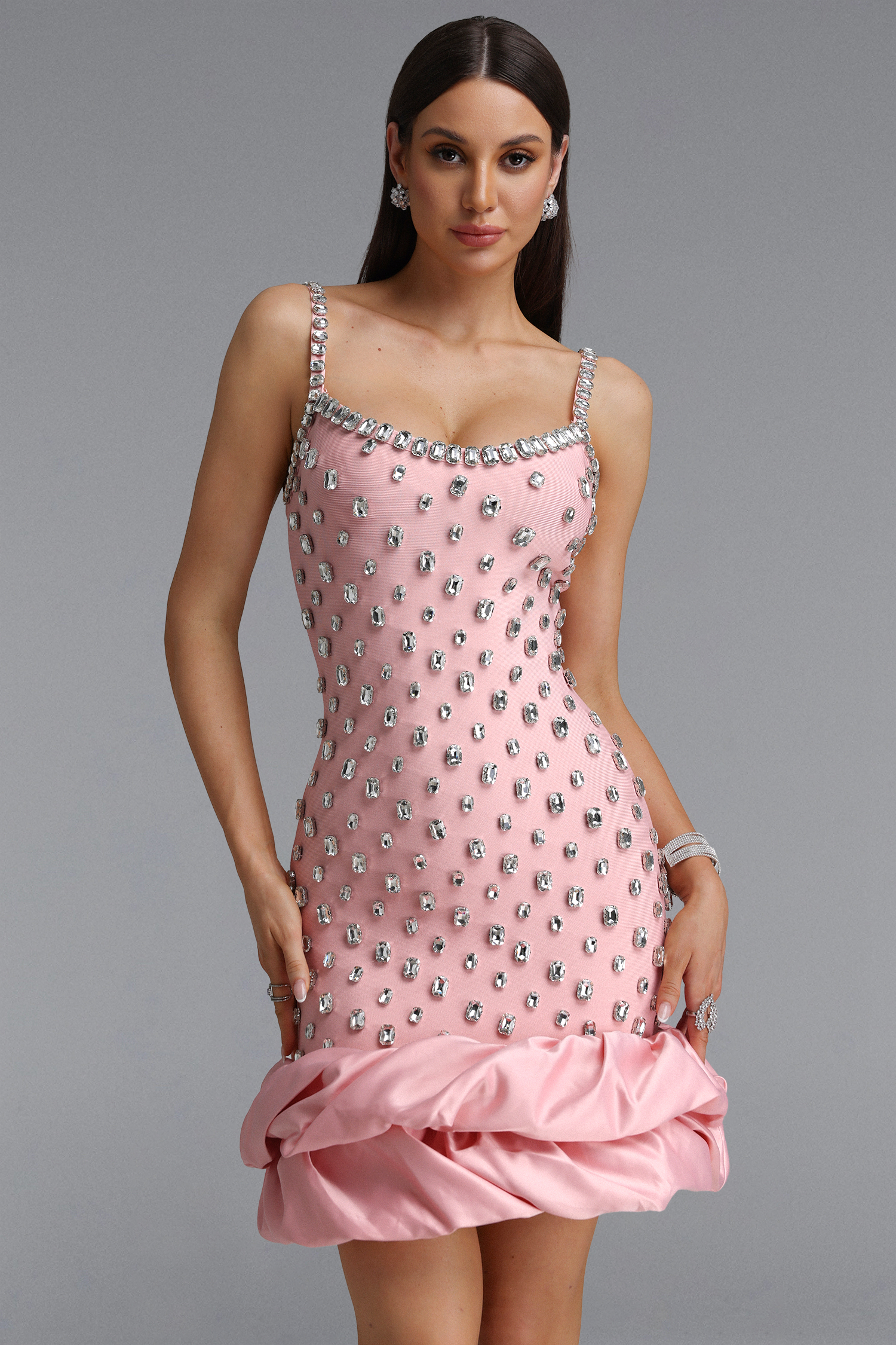 Francina Exquisite Contour Camisole Rhinestone Ruffle Pink Bandage Mini Dress