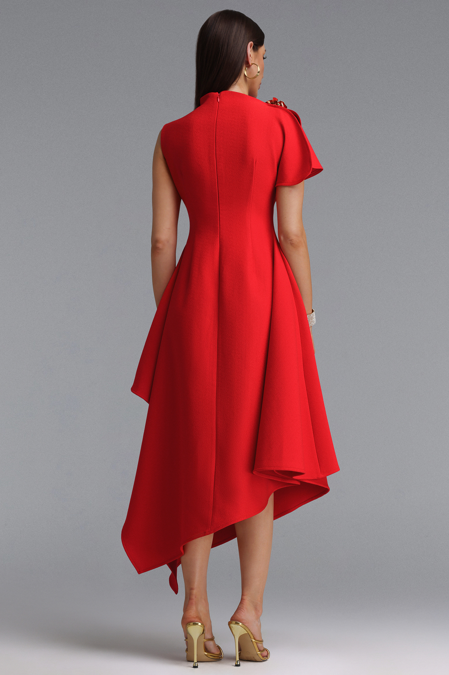 Weren Elegant Contour High Neck Asymmetric Red Maxi Dress