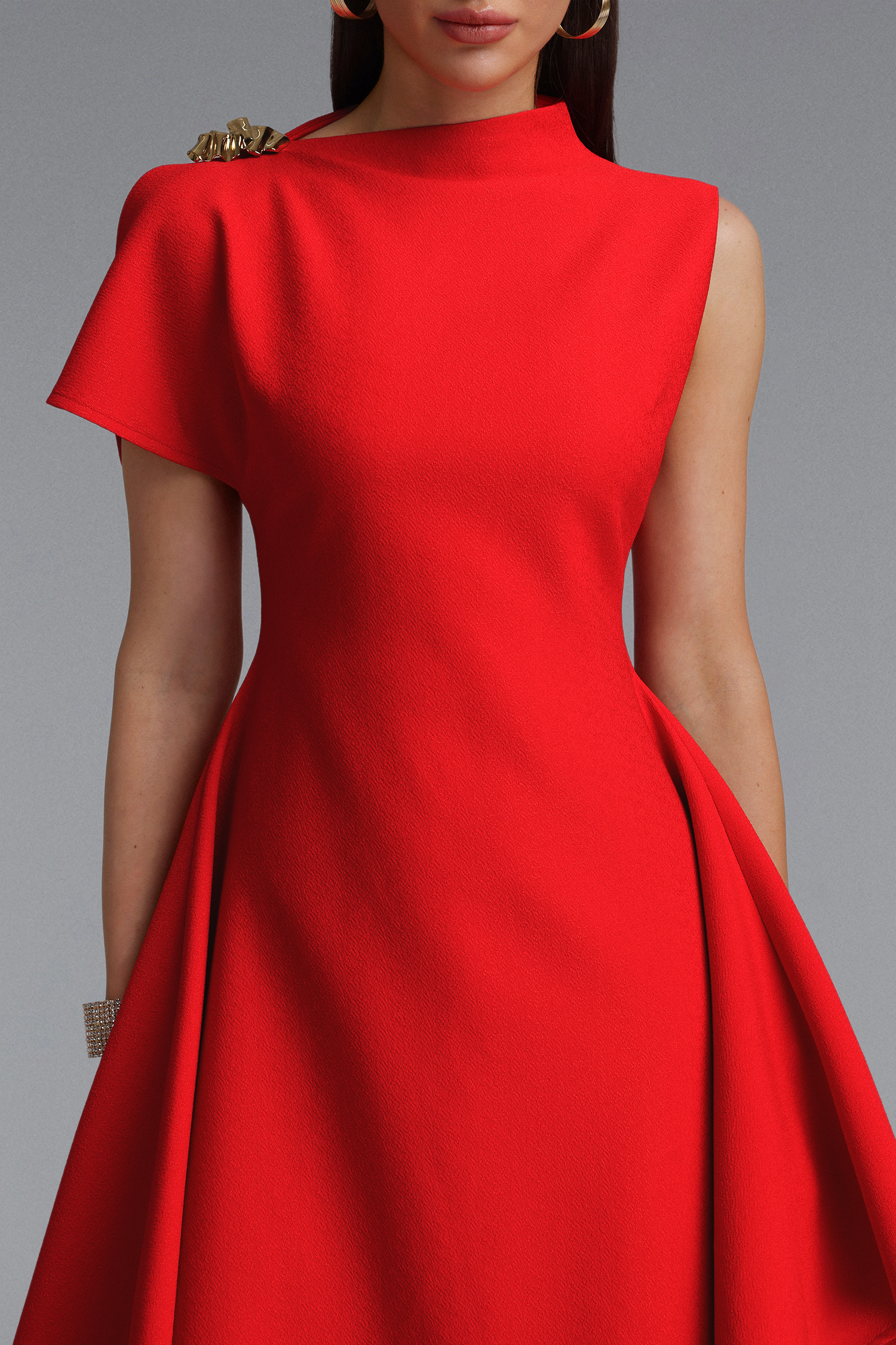 Weren Elegant Contour High Neck Asymmetric Red Maxi Dress