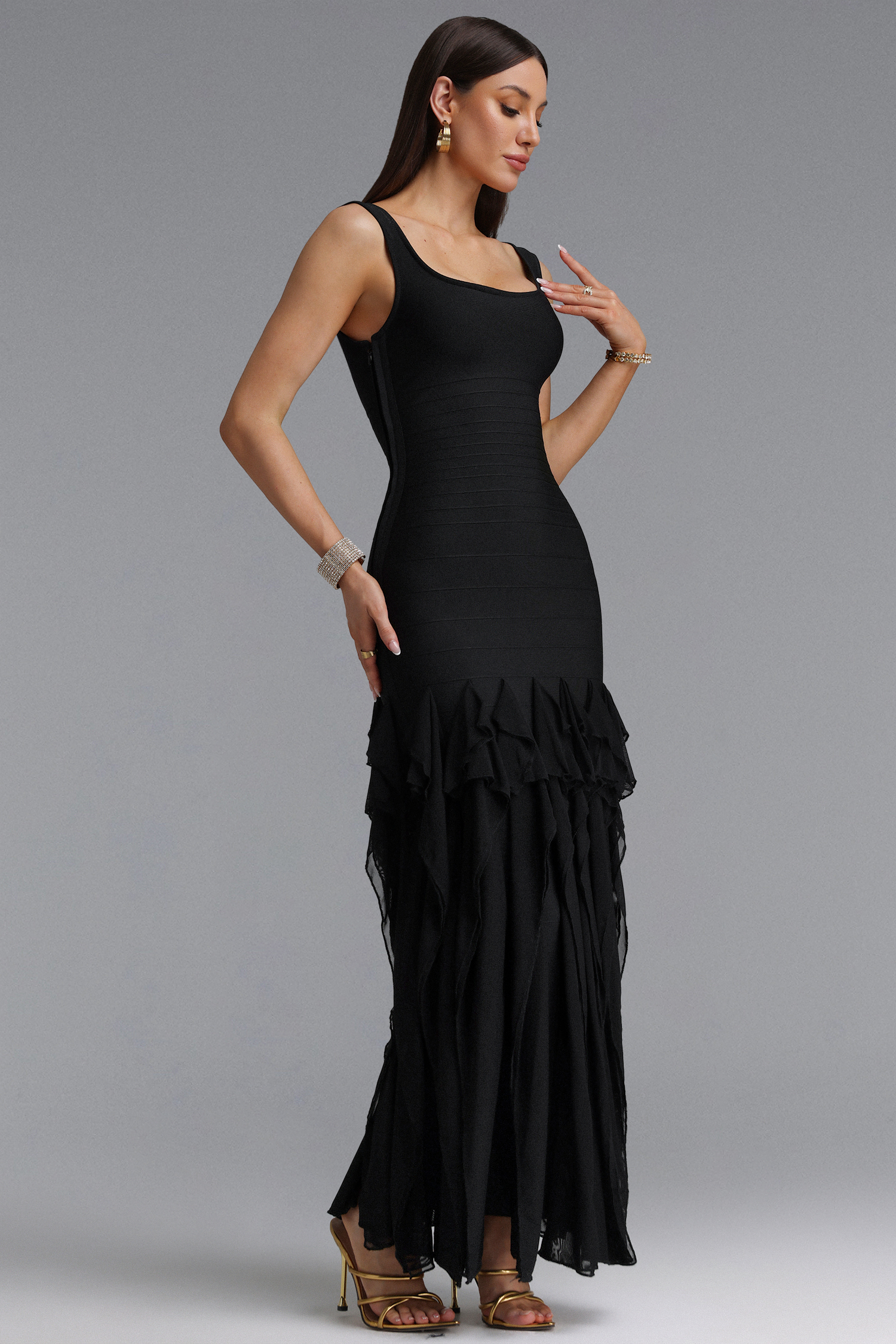 Inya Chic Contour Sheer Ribbon Stripe Black Bandage Maxi Dress