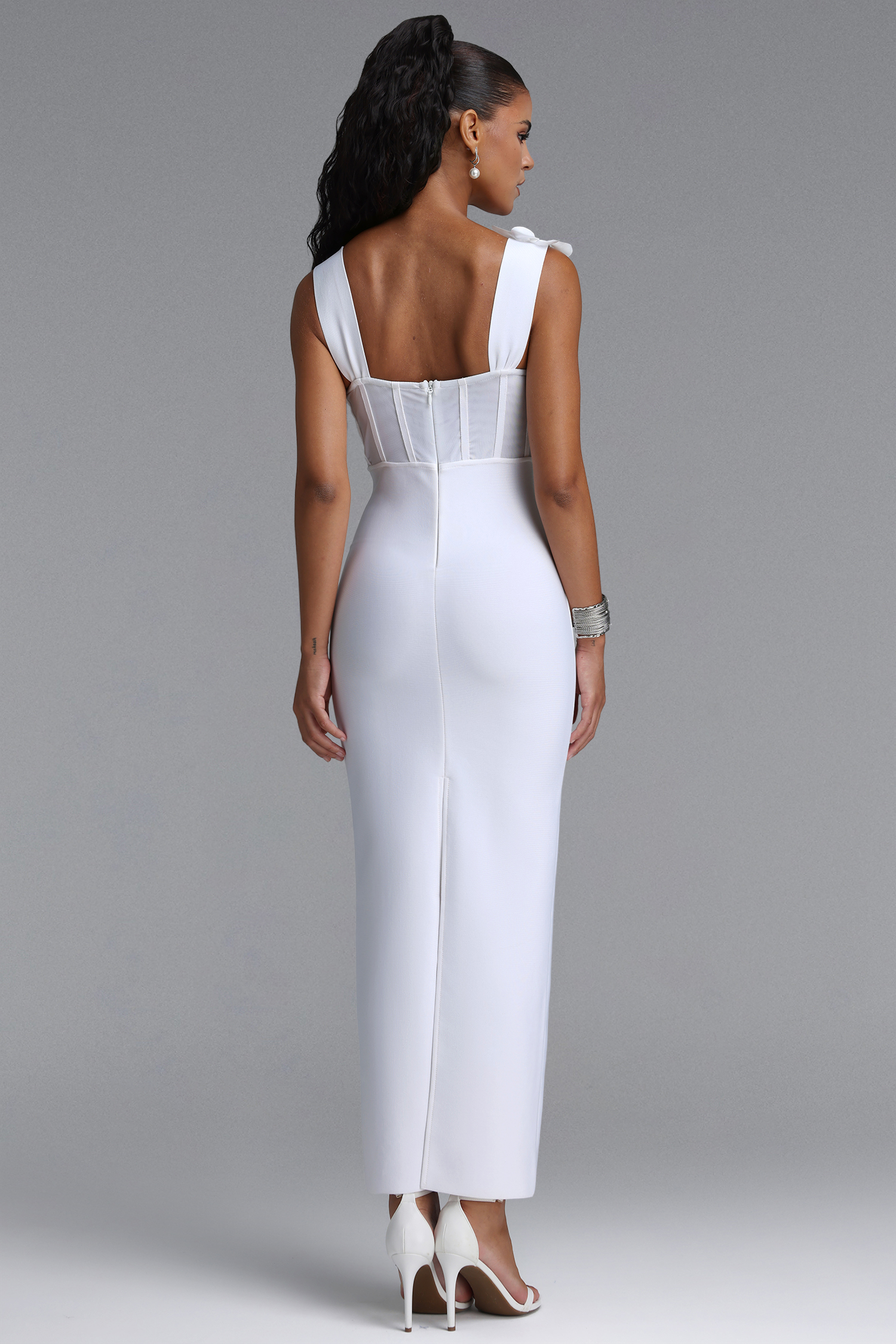 Eudase Spaghetti Strap Mesh Pearl Floral Bandage Maxi Dress