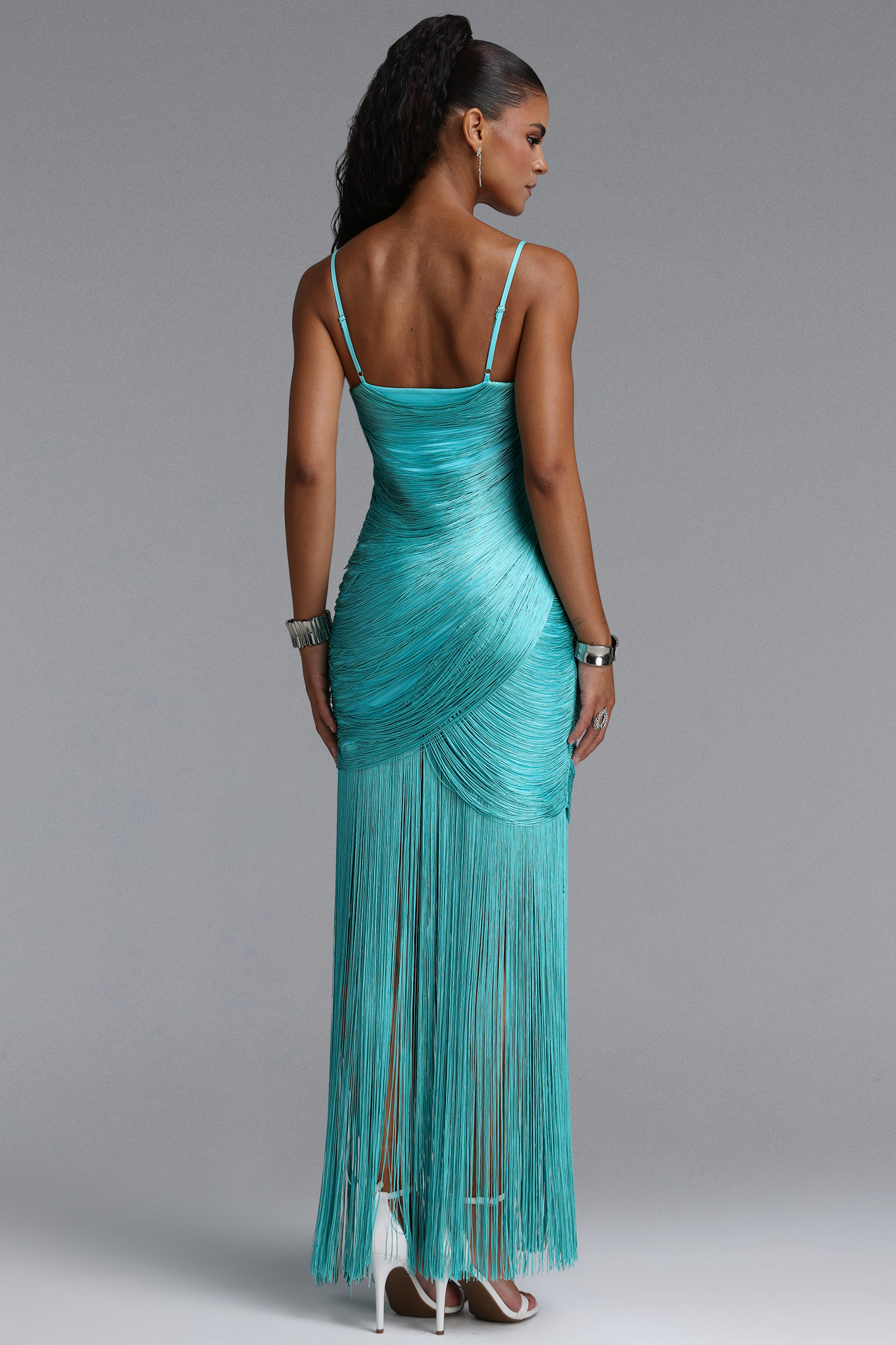Rexanne Glamorous Contour Sleeveless Fringe Bandage Blue Maxi Dress