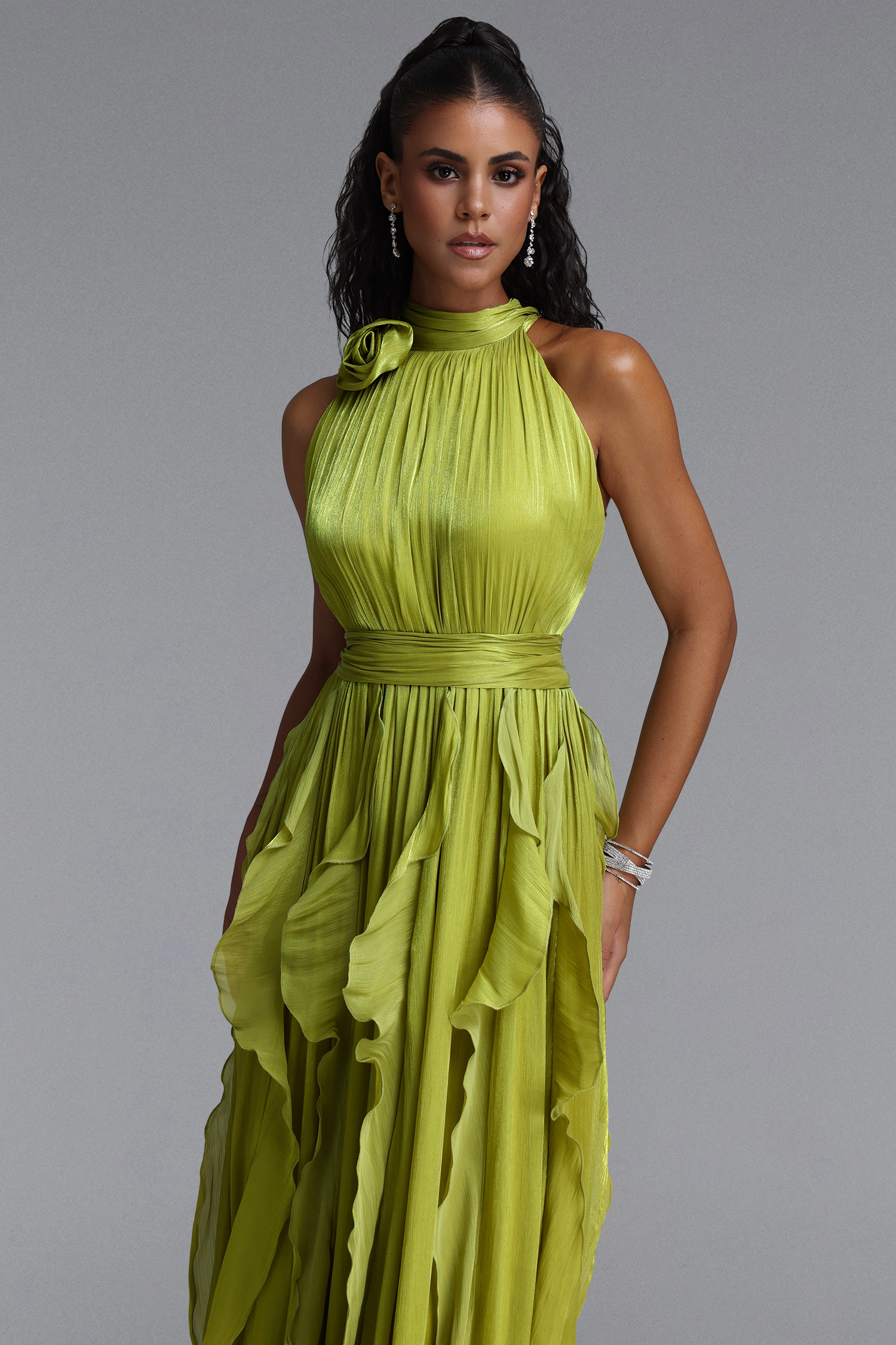 Uano Elegant Halter Rosette Tie Waist Ruffled Maxi Dress