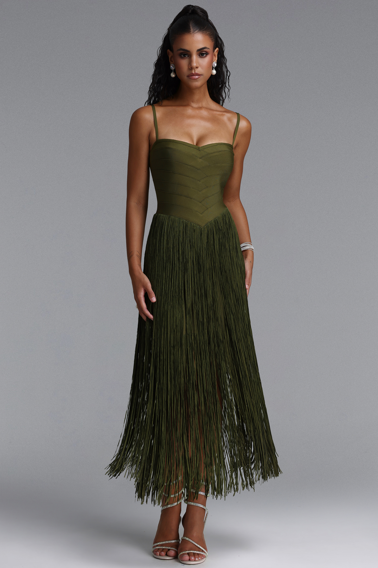 Vallea Classic Spaghetti Strap V Neck Tassel Bandage Maxi Dress