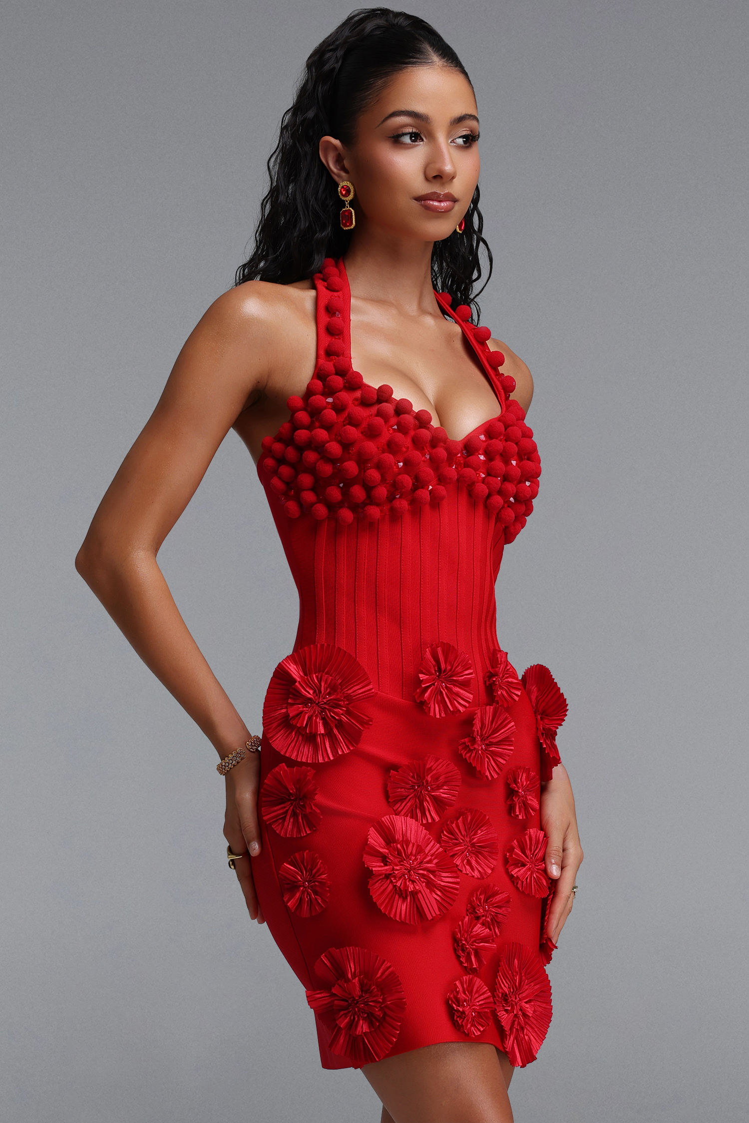 Delilah Sophisticated Cinched Waist Halter Floral Ball Trim Bandage Mini Dress