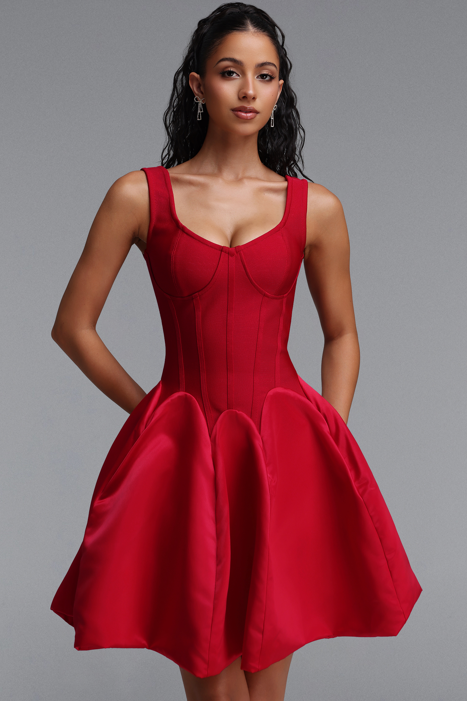 Evelina Elegant Contour Strap Boned Puff Mini Dress