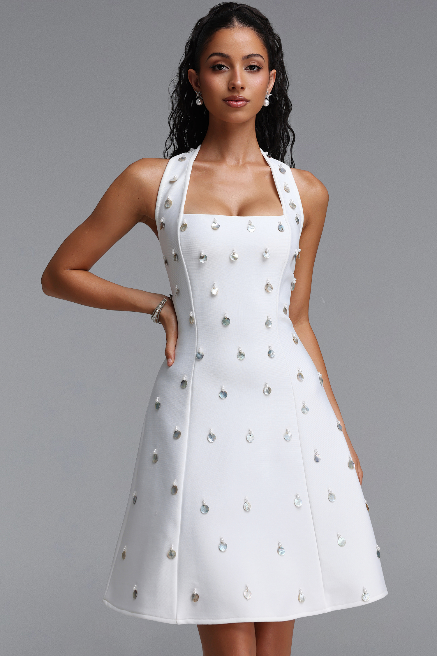 Dotte Exquisite Cinched Waist Halter Shell A Line White Bandage Mini Dress