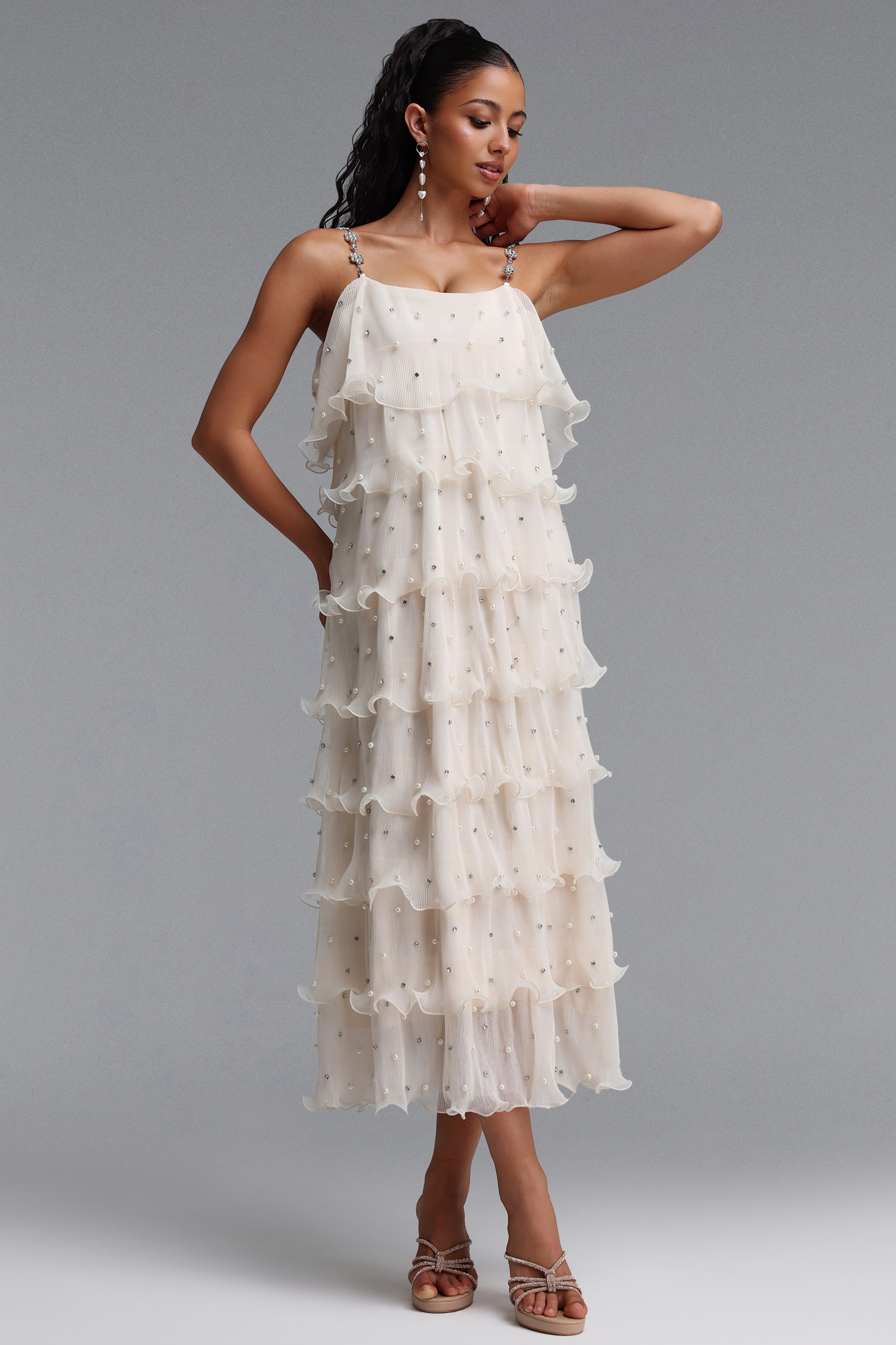 Uerzay Elegant Contour Rhinestone Spaghetti Strap Tiered Ruffle Pearl Woven Maxi Dress
