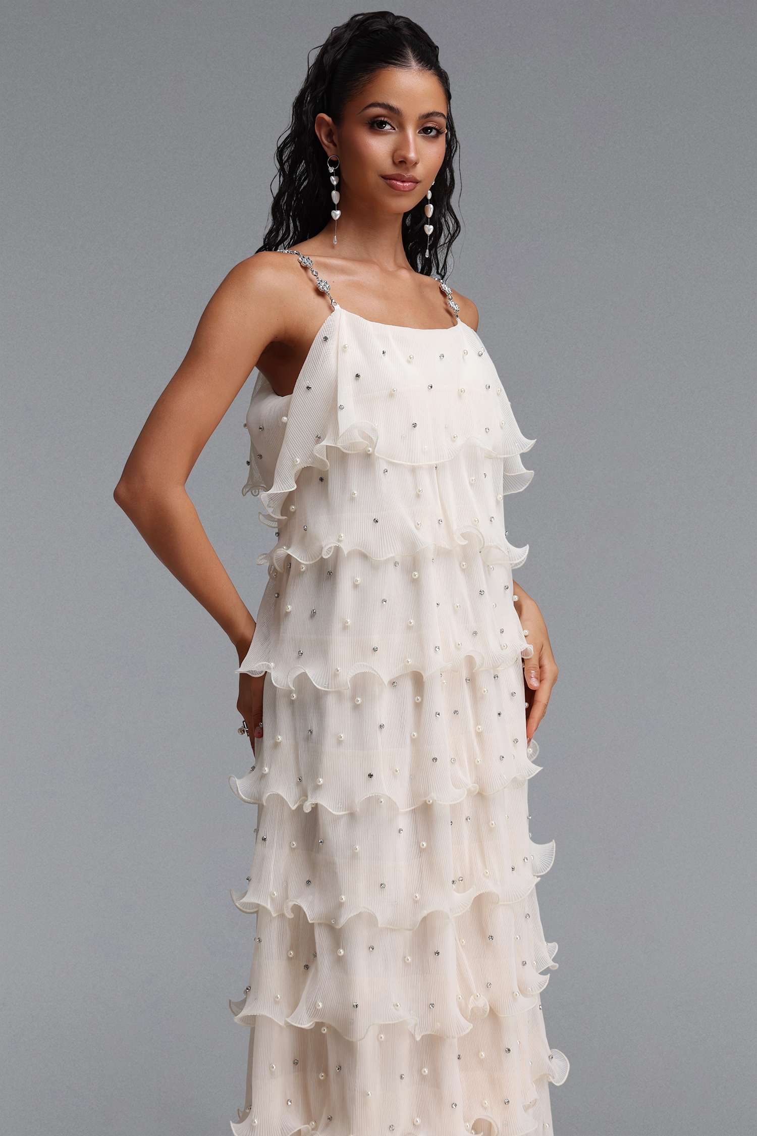 Uerzay Elegant Contour Rhinestone Spaghetti Strap Tiered Ruffle Pearl Woven Maxi Dress