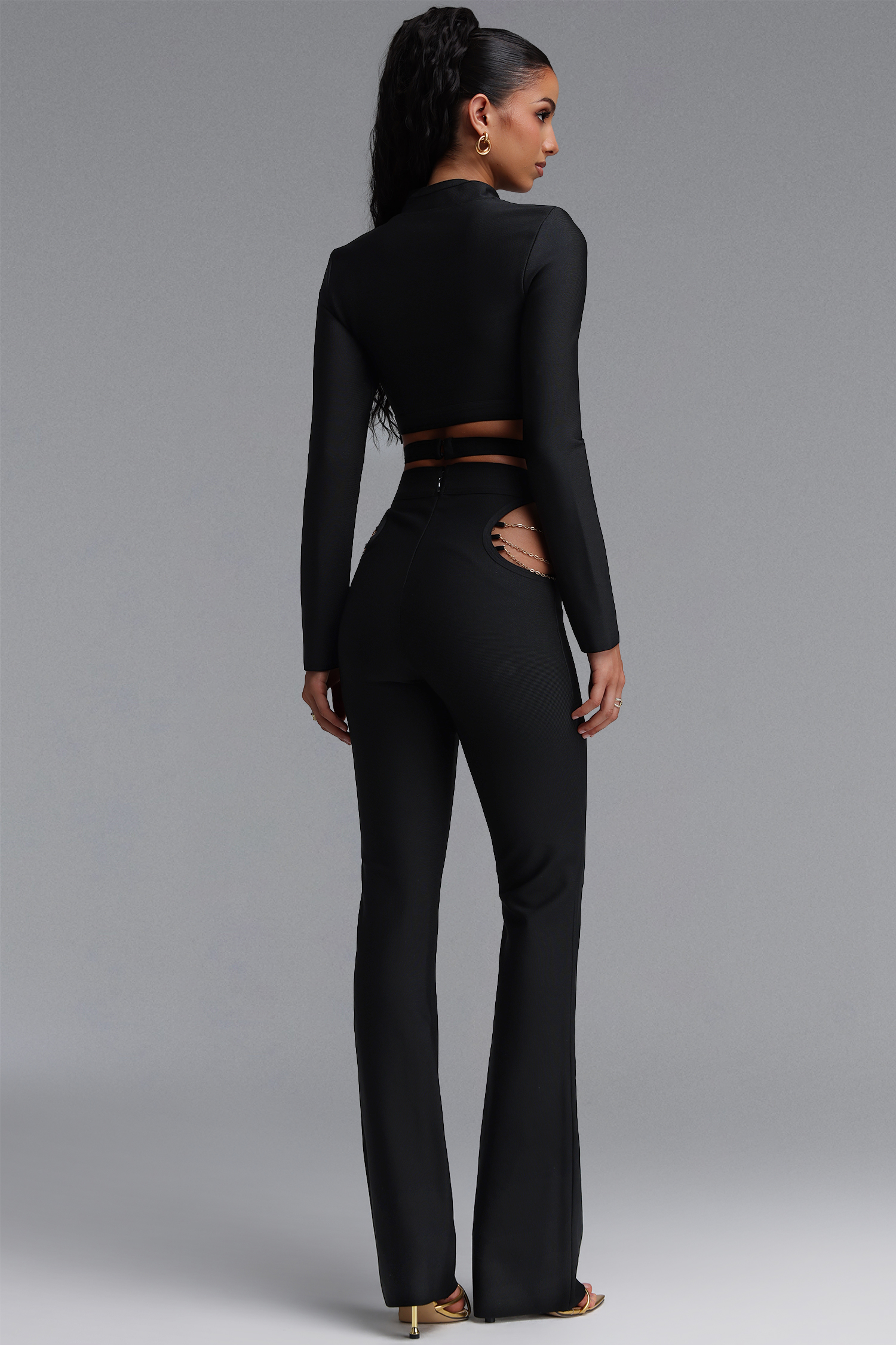 Tanria Chic Contour Long Sleeve Cut Out Top Metal Chain Flare Pant Two Piece Set