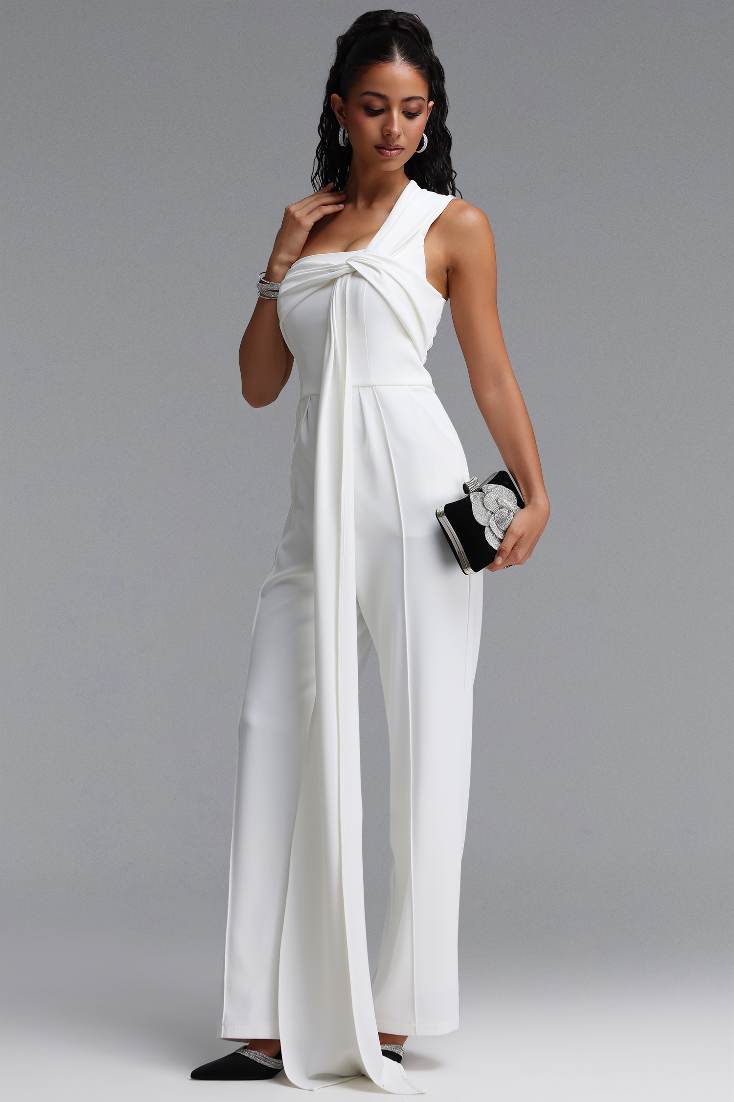 Lexy Elegant One Shoulder Knot Pleated Long Jumpsuit