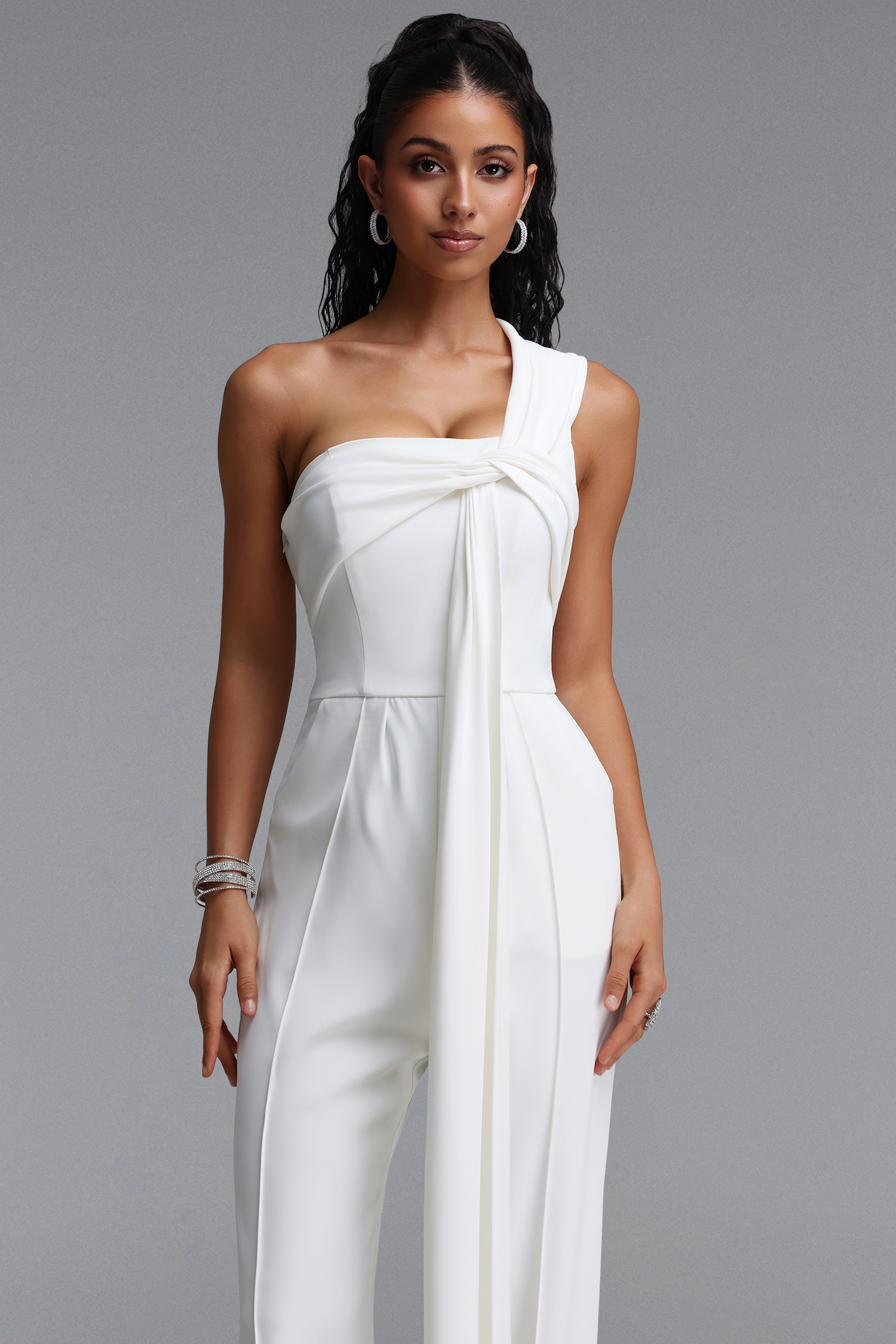 Lexy Elegant One Shoulder Knot Pleated Long Jumpsuit