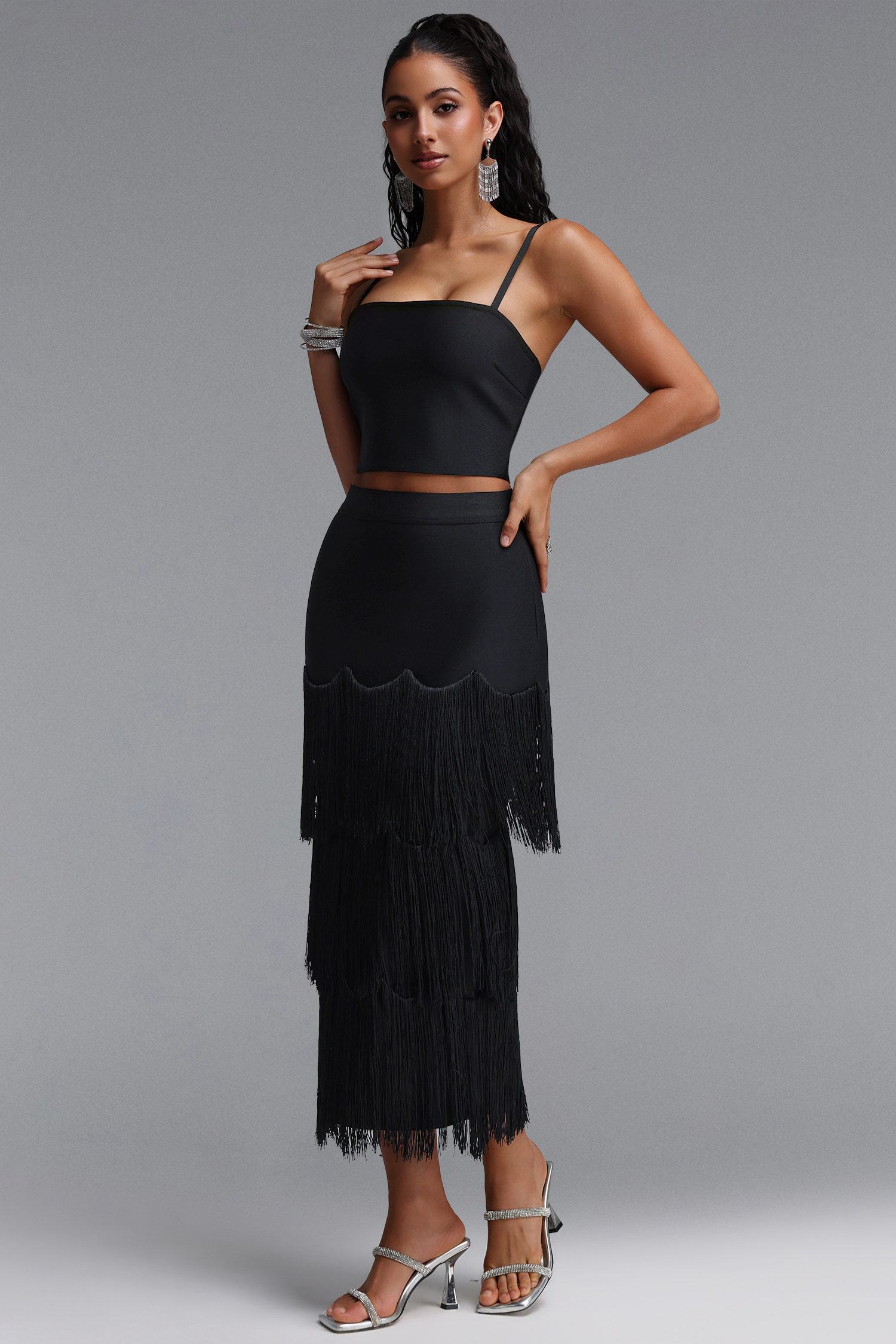 Valerie Chic Contour Cami Strap Top Tassel Bandage Two Piece Set