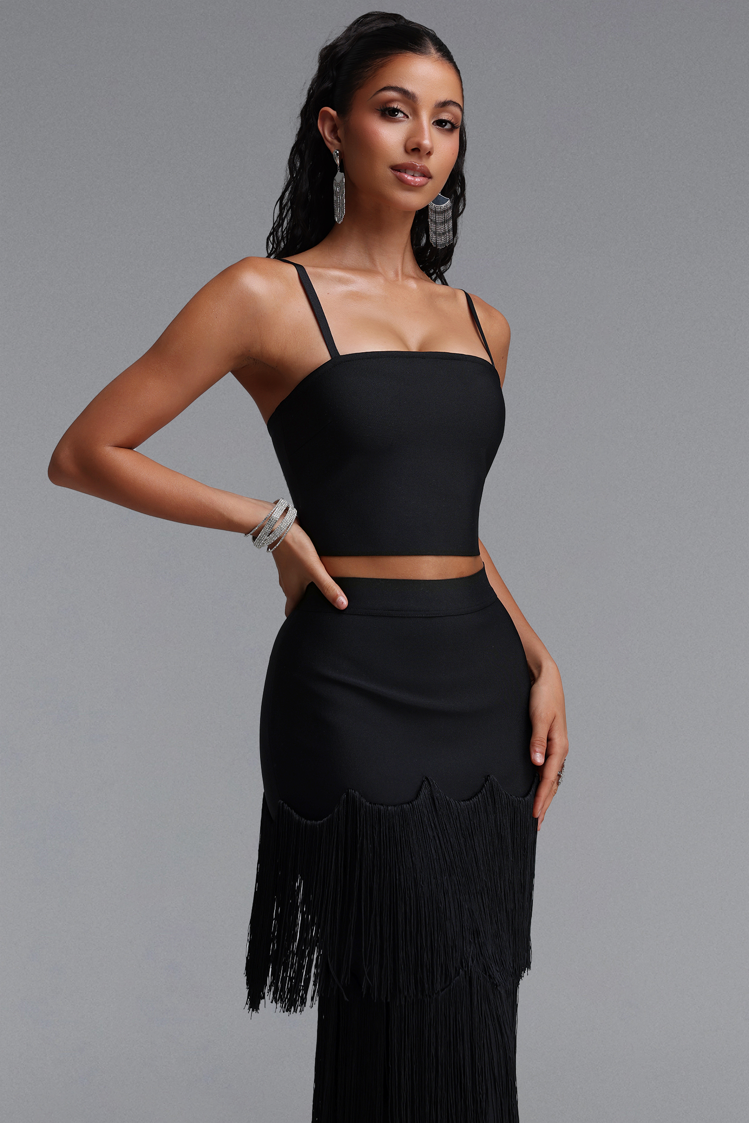 Valerie Chic Contour Cami Strap Top Tassel Bandage Two Piece Set