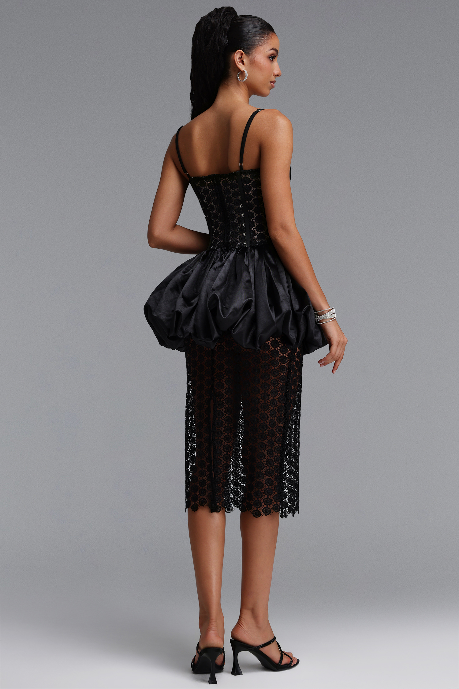 Habiba Chic Cinched Waist Spaghetti Strap Boned Lace Midi Dress