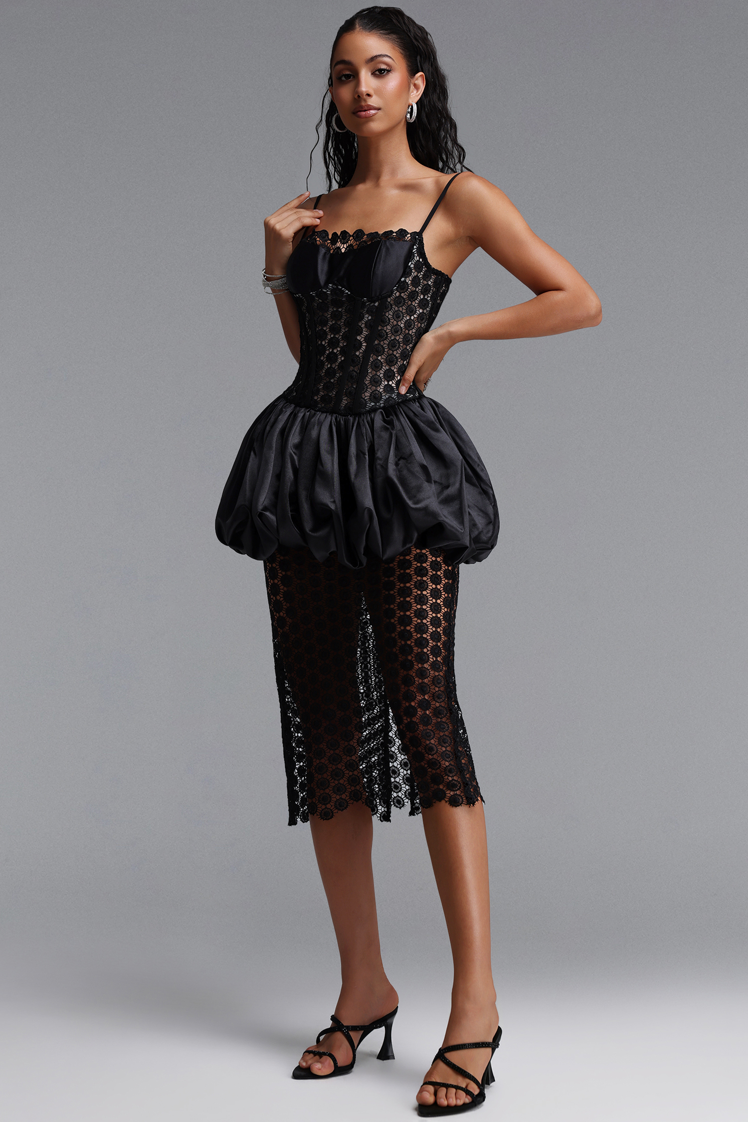 Habiba Chic Cinched Waist Spaghetti Strap Boned Lace Midi Dress