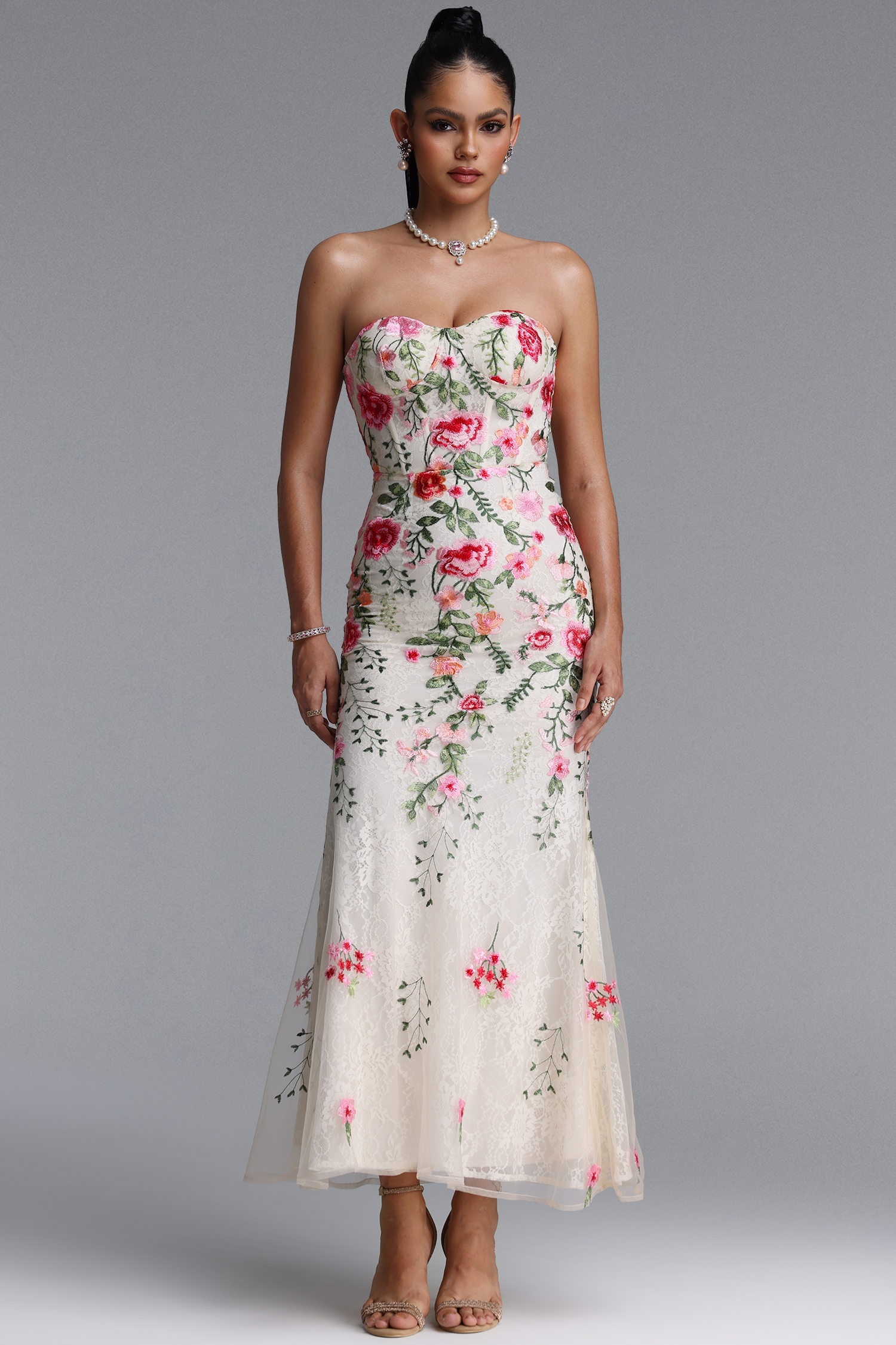 Harper Glamorous Strapless Floral Sequin Maxi Dress