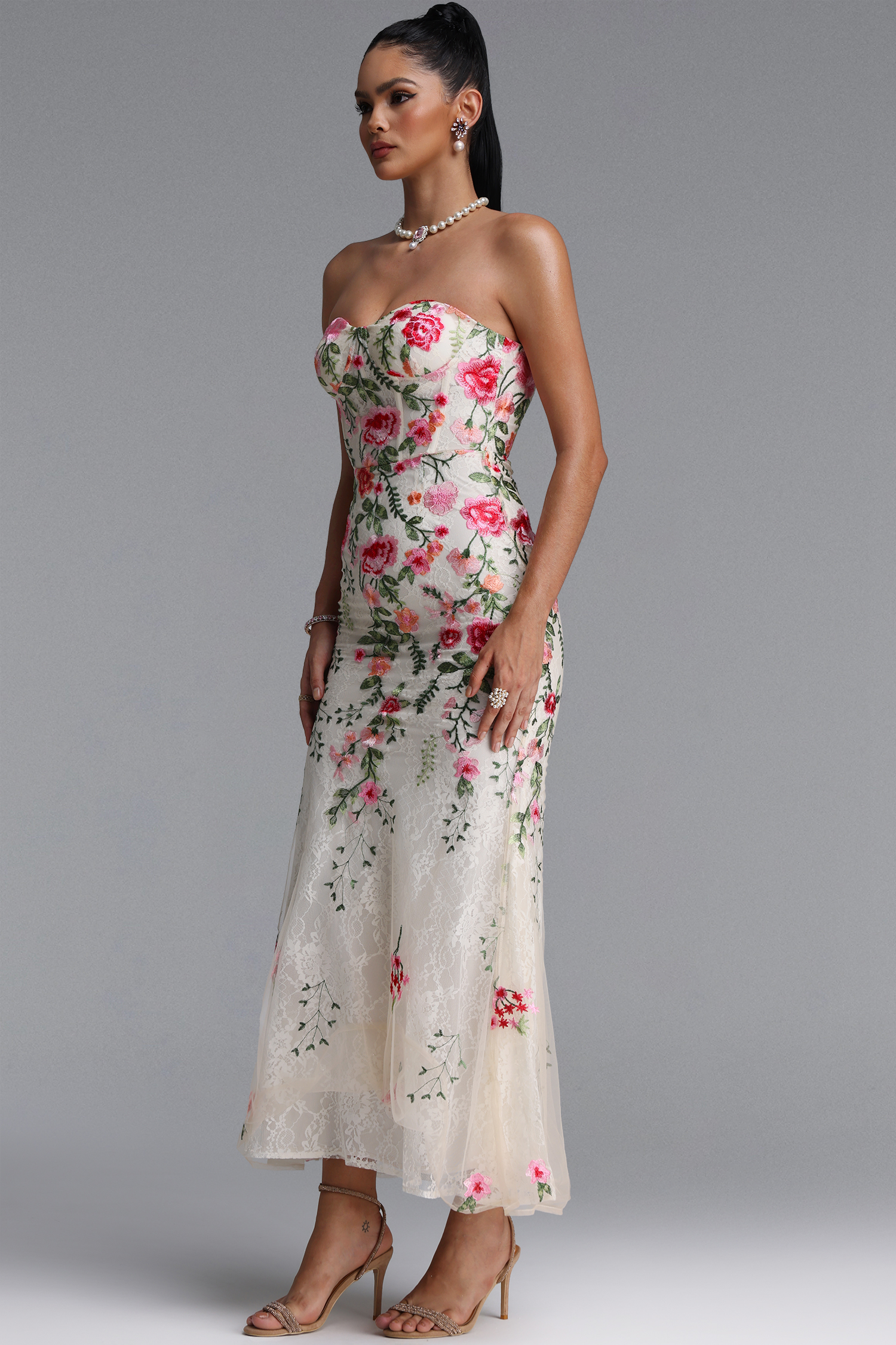 Harper Glamorous Strapless Floral Sequin Maxi Dress