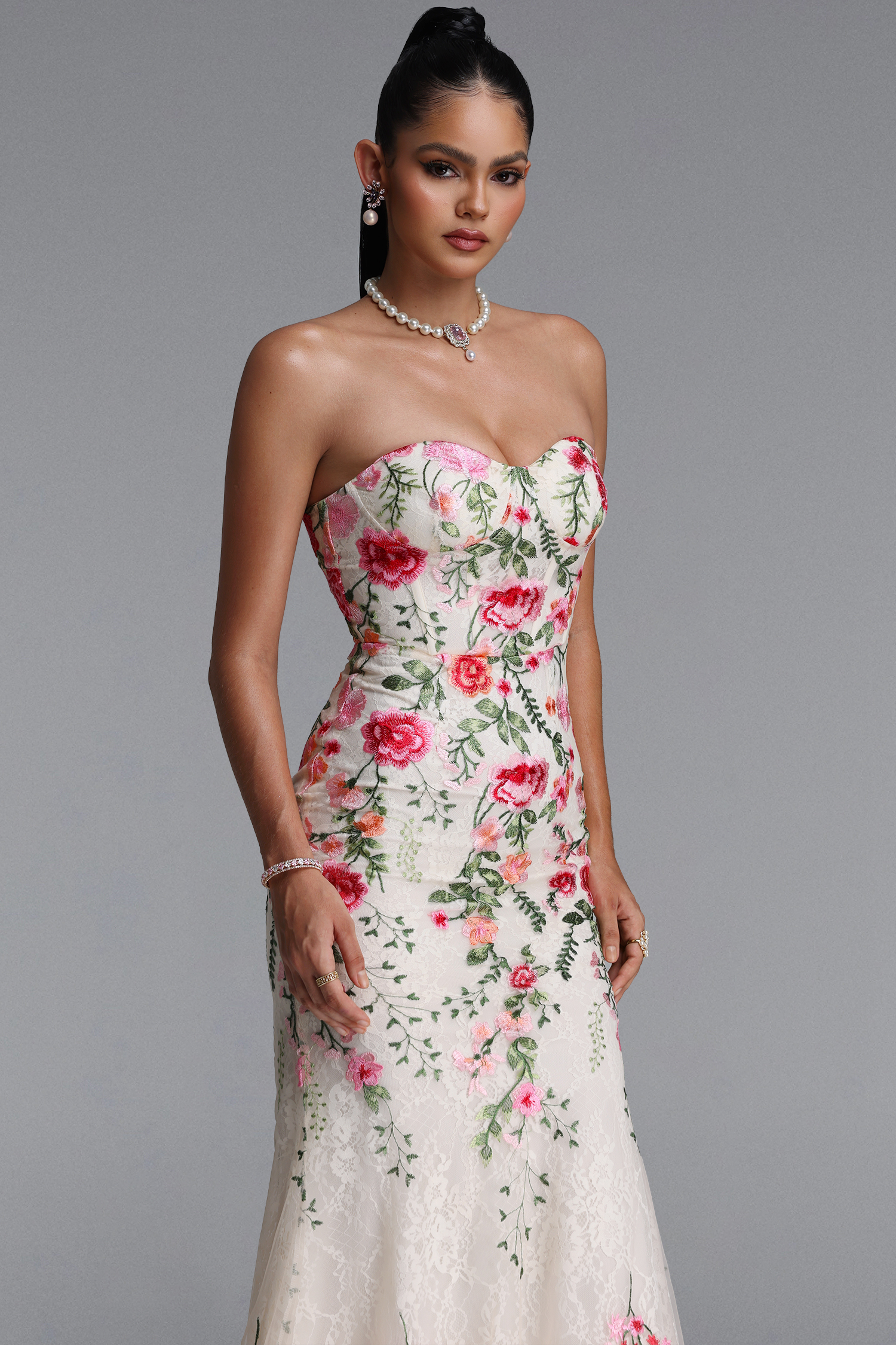 Harper Glamorous Strapless Floral Sequin Maxi Dress