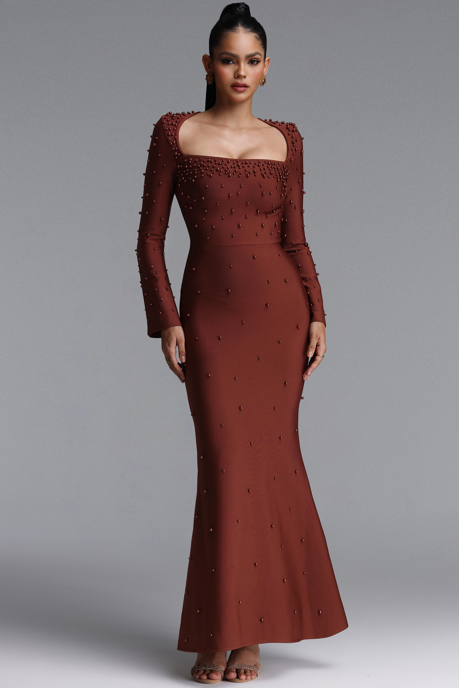 Penpe Classic Square Neck Flare Sleeve Pearl Beaded Bandage Maxi Dress