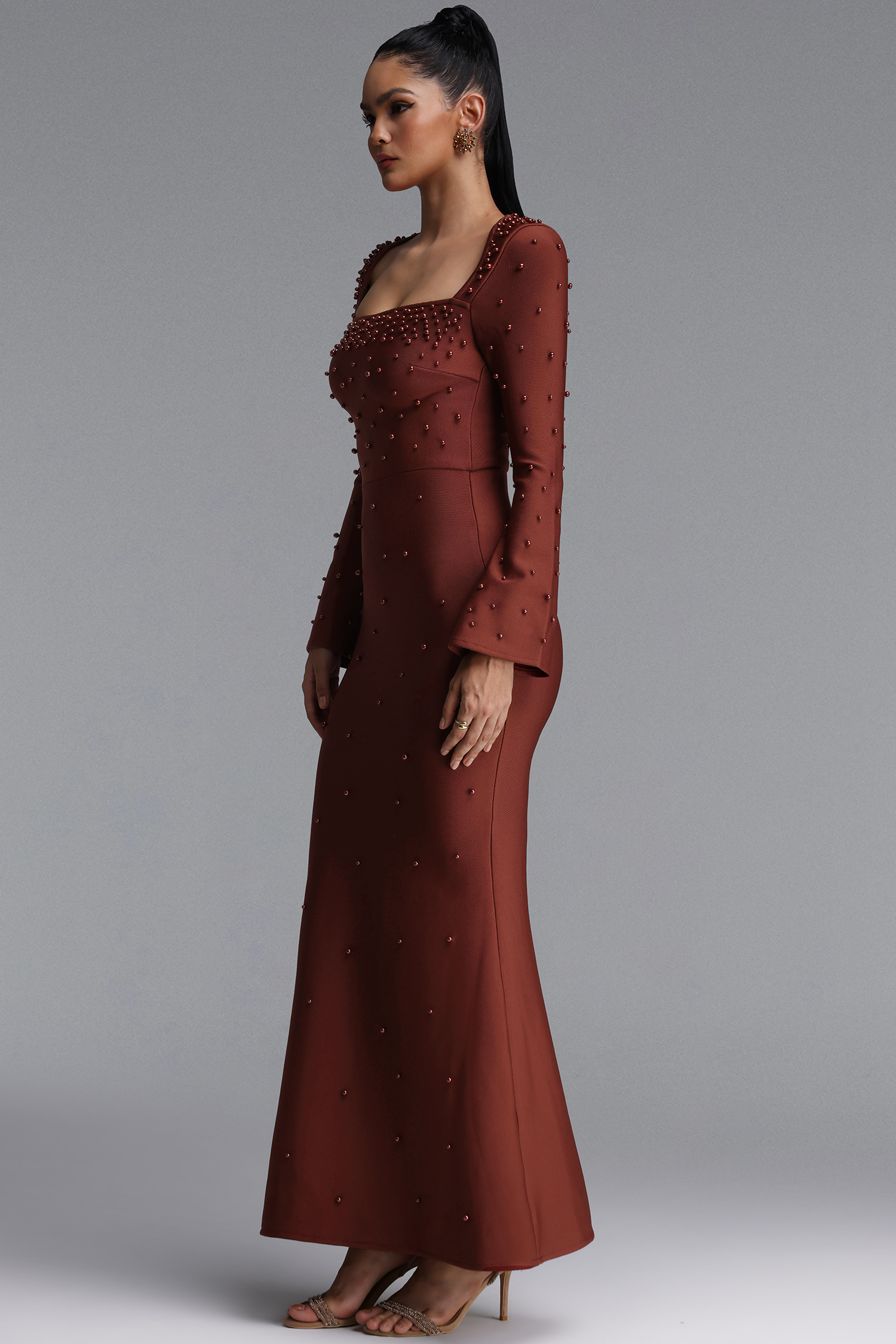 Penpe Classic Square Neck Flare Sleeve Pearl Beaded Bandage Maxi Dress