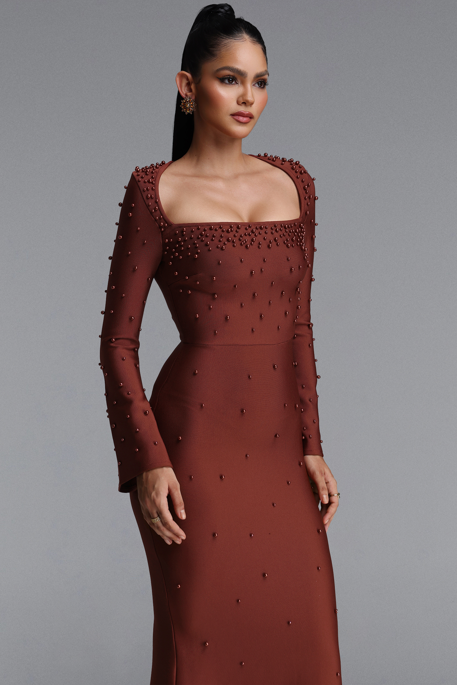 Penpe Classic Square Neck Flare Sleeve Pearl Beaded Bandage Maxi Dress