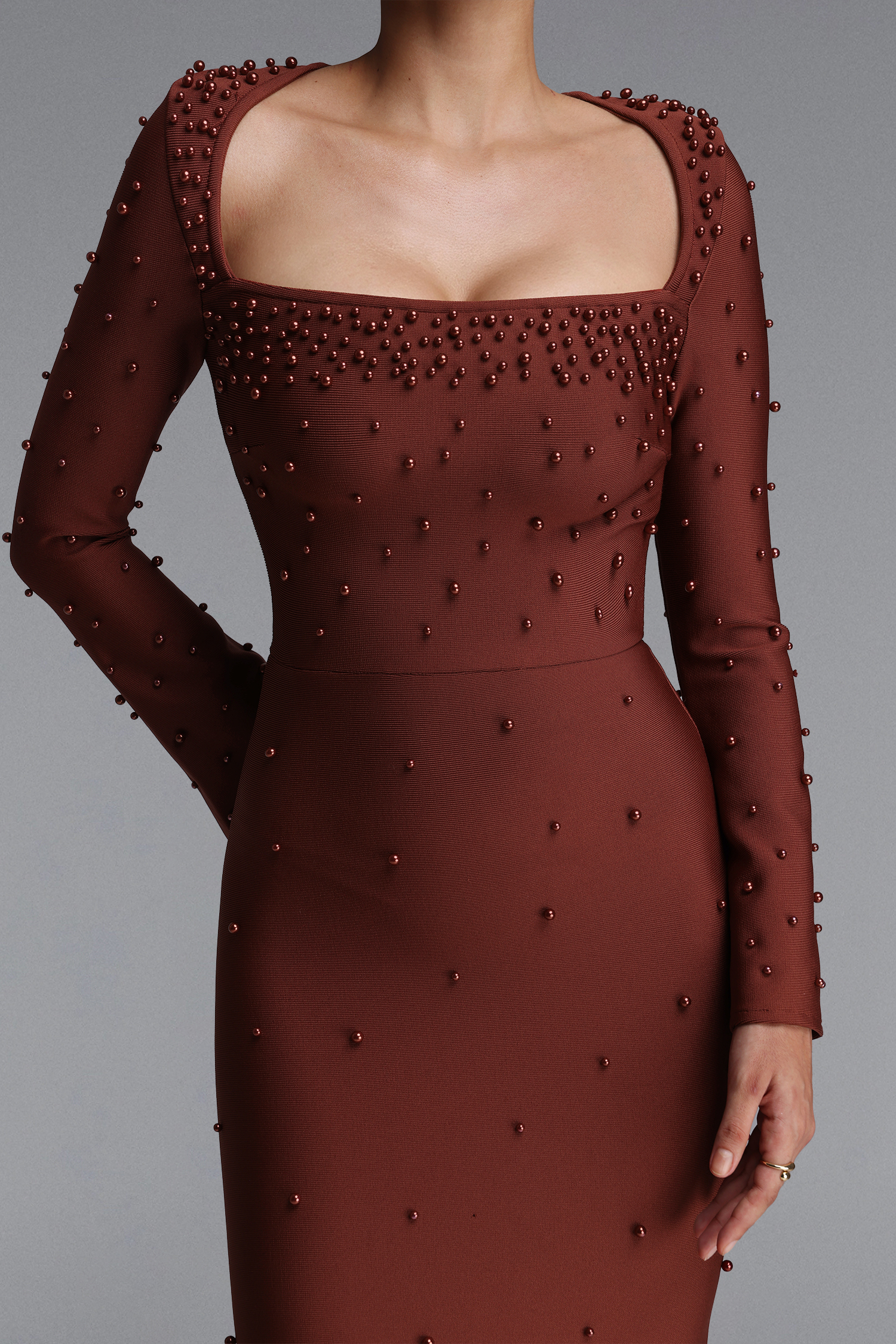 Penpe Classic Square Neck Flare Sleeve Pearl Beaded Bandage Maxi Dress