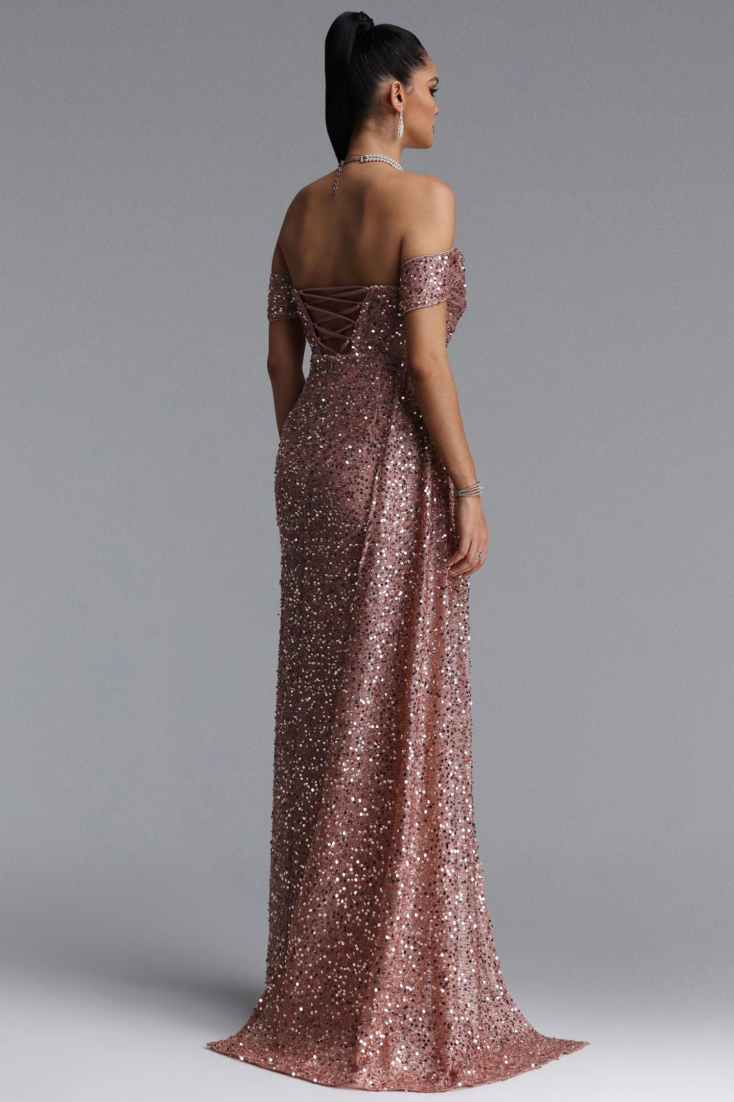 Kylli Classic Off Shoulder Draped Sash Slit Sequin Maxi Dress