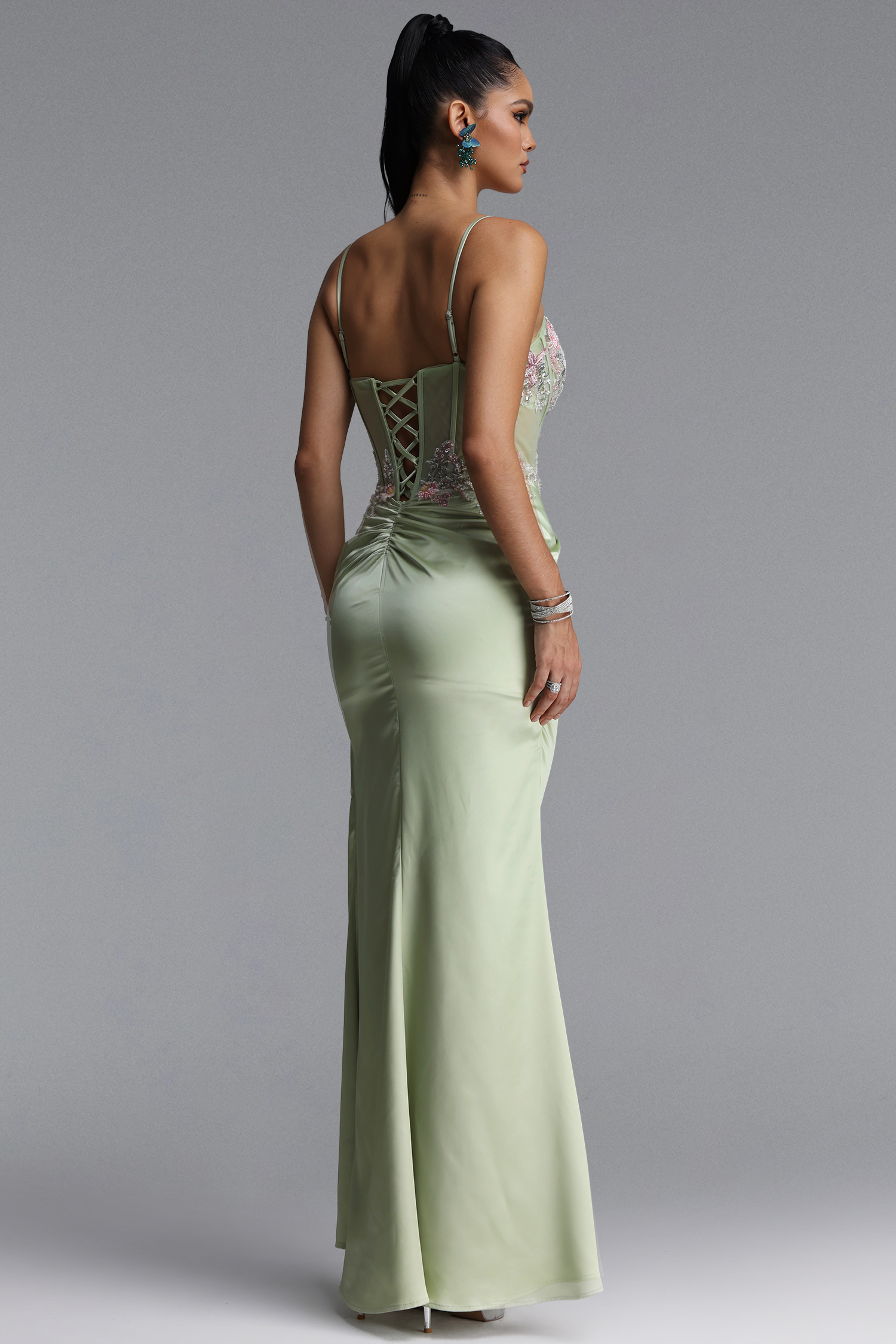 Lizzy Elegant Sleeveless V Neck Floral Ruched Slit Satin Maxi Dress