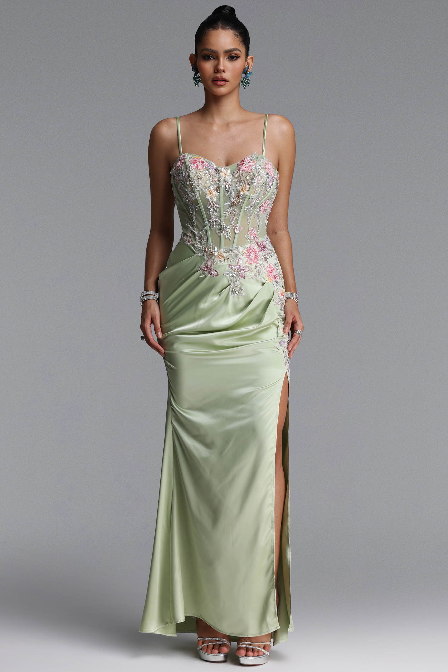 Lizzy Elegant Sleeveless V Neck Floral Ruched Slit Satin Maxi Dress