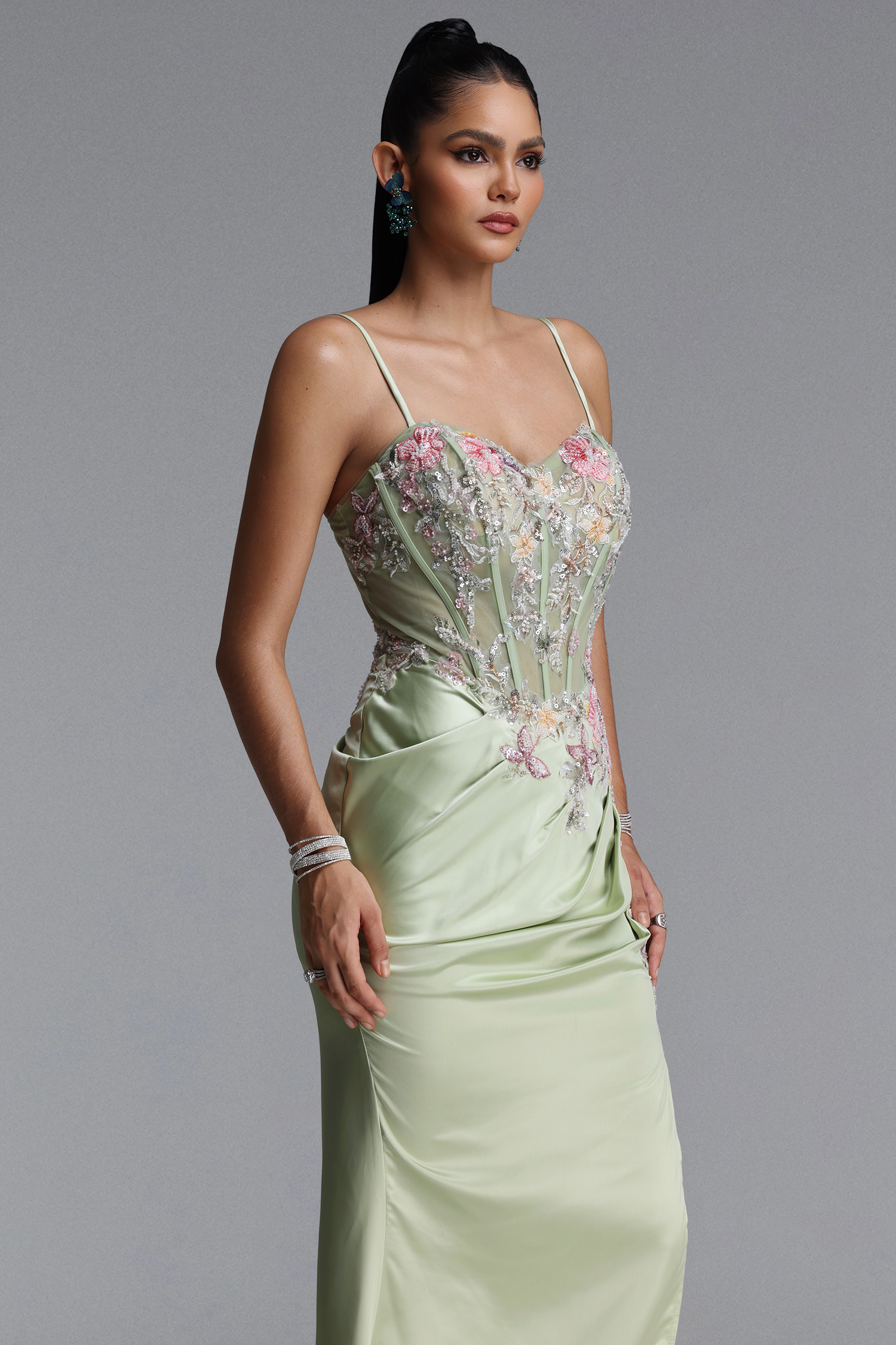 Lizzy Elegant Sleeveless V Neck Floral Ruched Slit Satin Maxi Dress