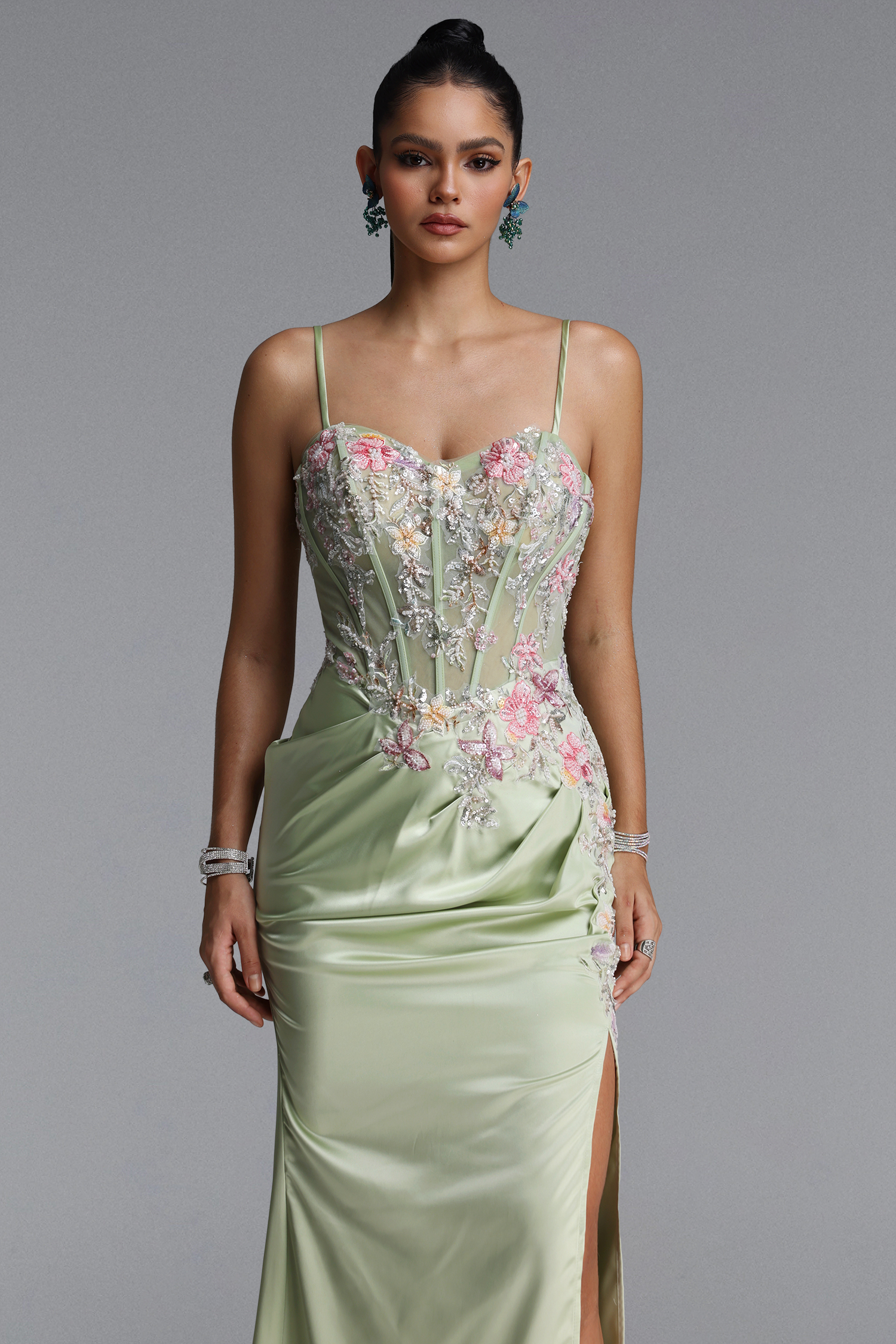 Lizzy Elegant Sleeveless V Neck Floral Ruched Slit Satin Maxi Dress