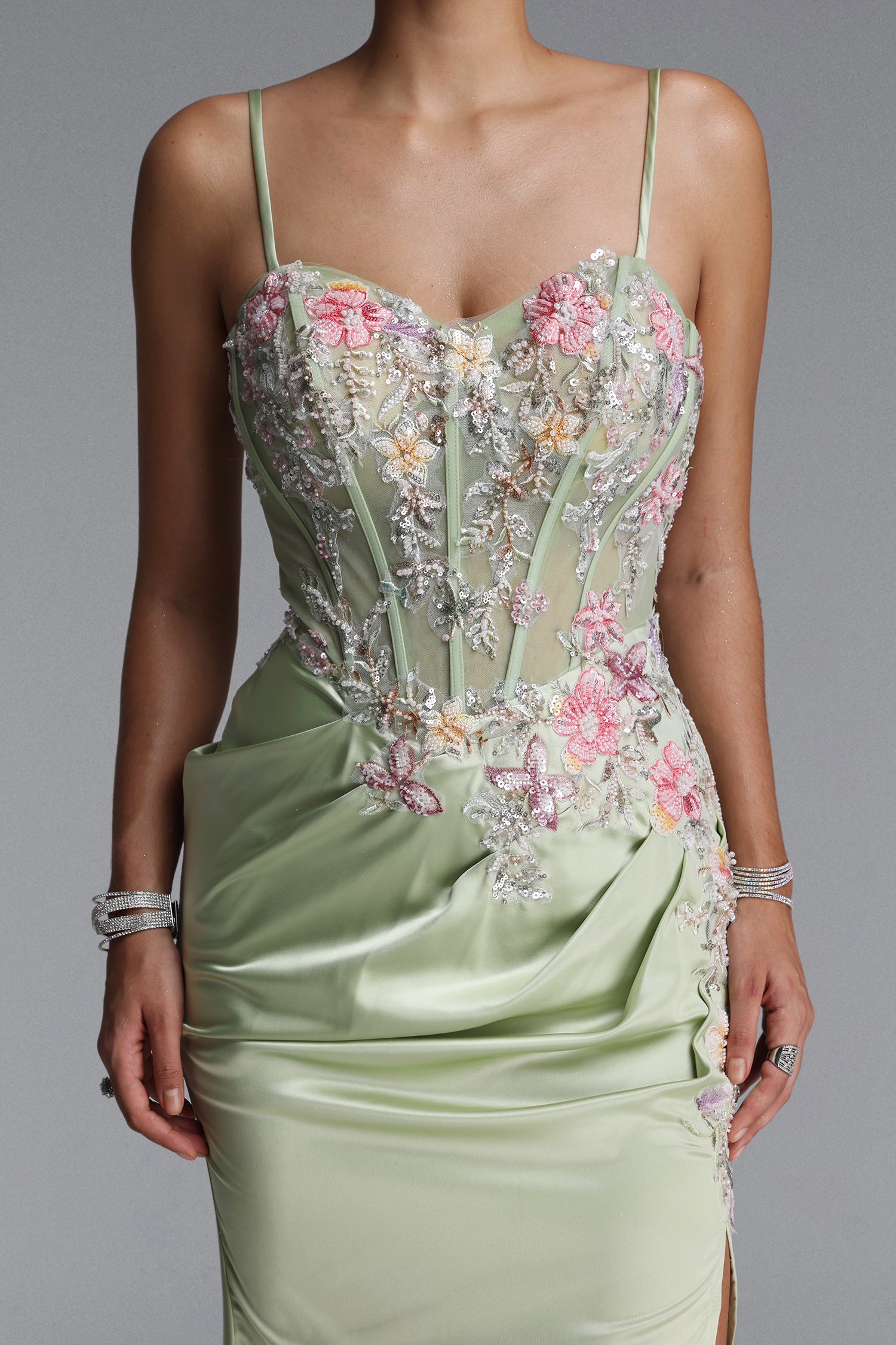 Lizzy Elegant Sleeveless V Neck Floral Ruched Slit Satin Maxi Dress