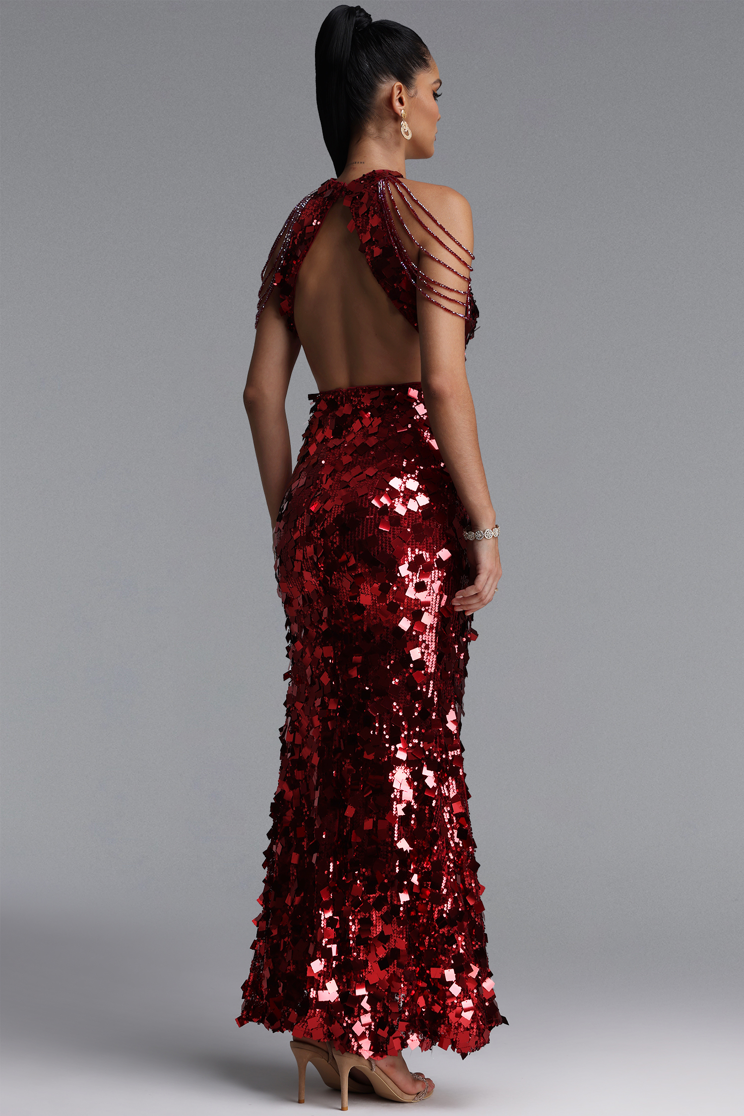 Tini Luxury Halter Beaded Fringe Slit Sequin Red Maxi Dress