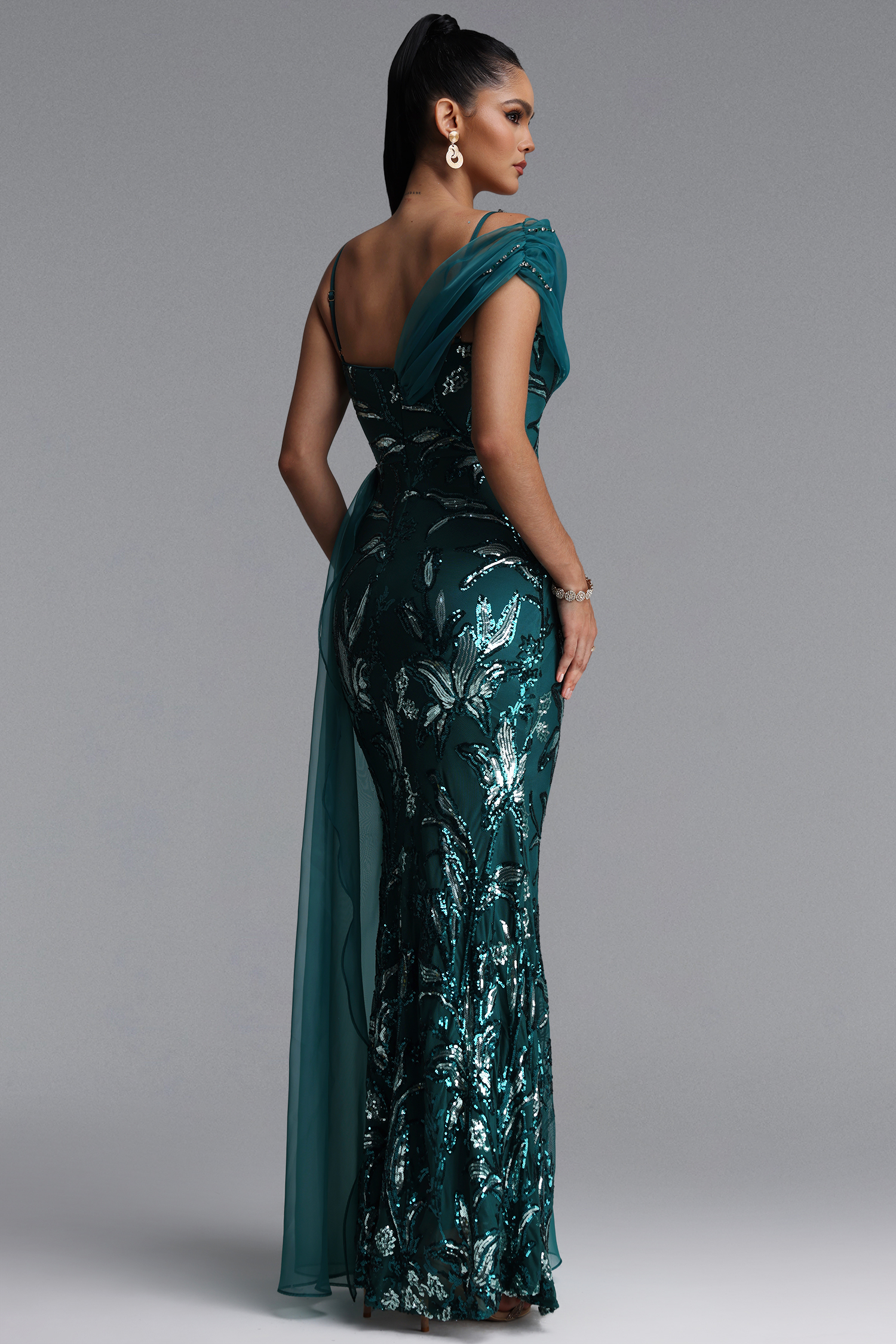 Jikia Glamorous Off Shoulder Floral Chiffon Side Train Sequin Maxi Dress